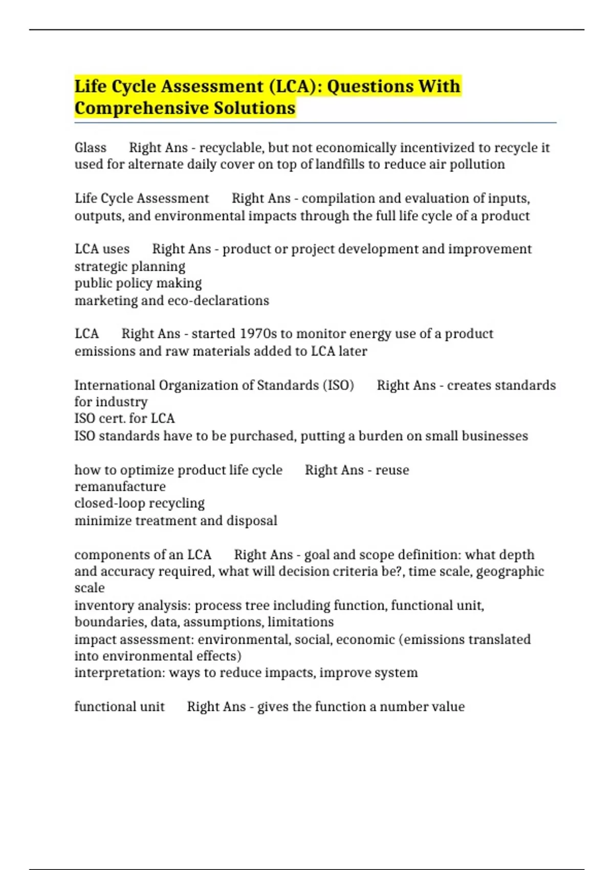 Life Cycle Assessment (LCA): Questions With Comprehensive Solutions ...