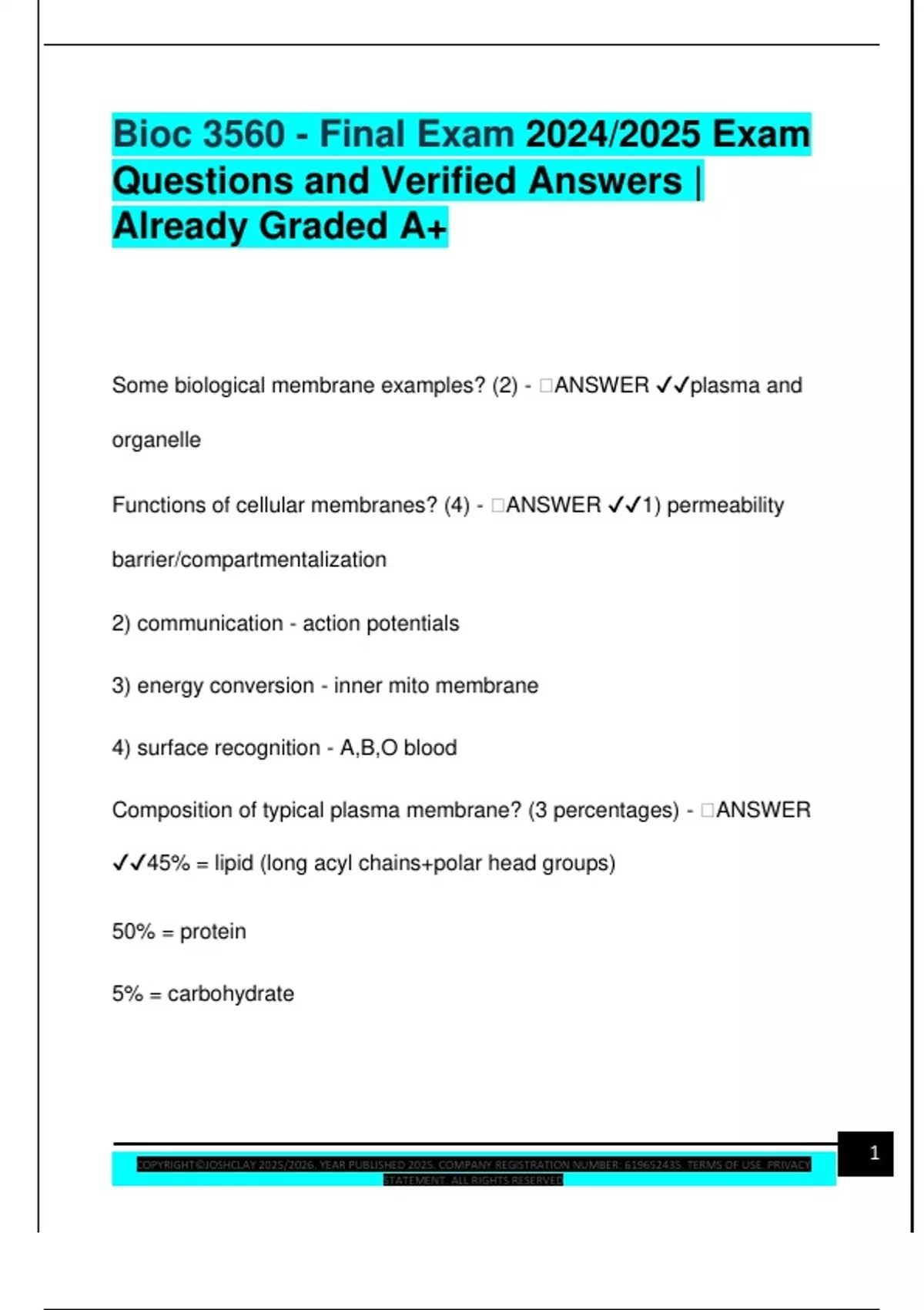 Bioc 3560 - Final Exam 2024/2025 Exam Questions and Verified Answers ...