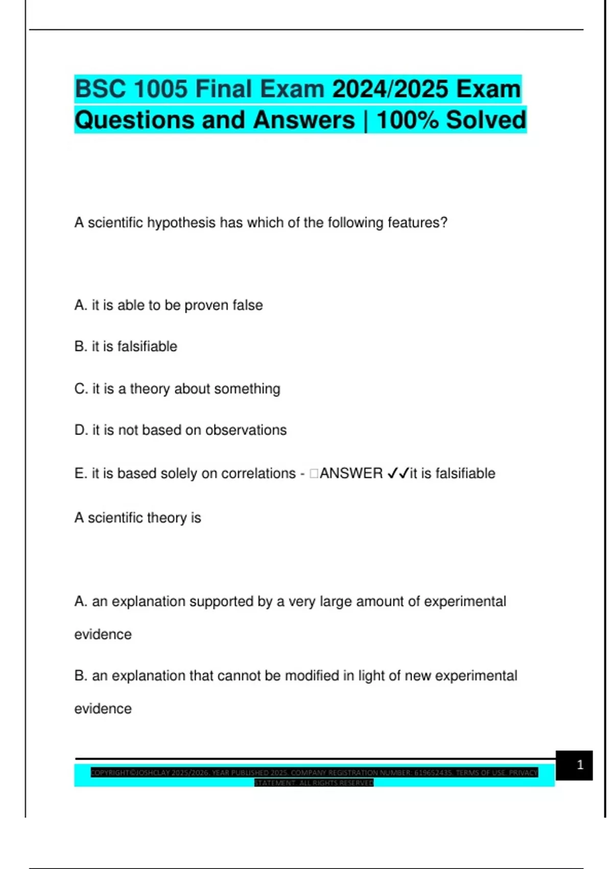 BSC 1005 Final Exam 2024/2025 Exam Questions and Answers | 100% Solved ...