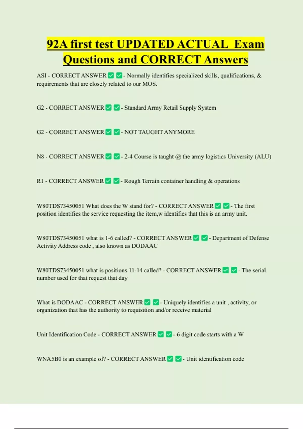 92A first test UPDATED ACTUAL Exam Questions and CORRECT Answers - 92A ...