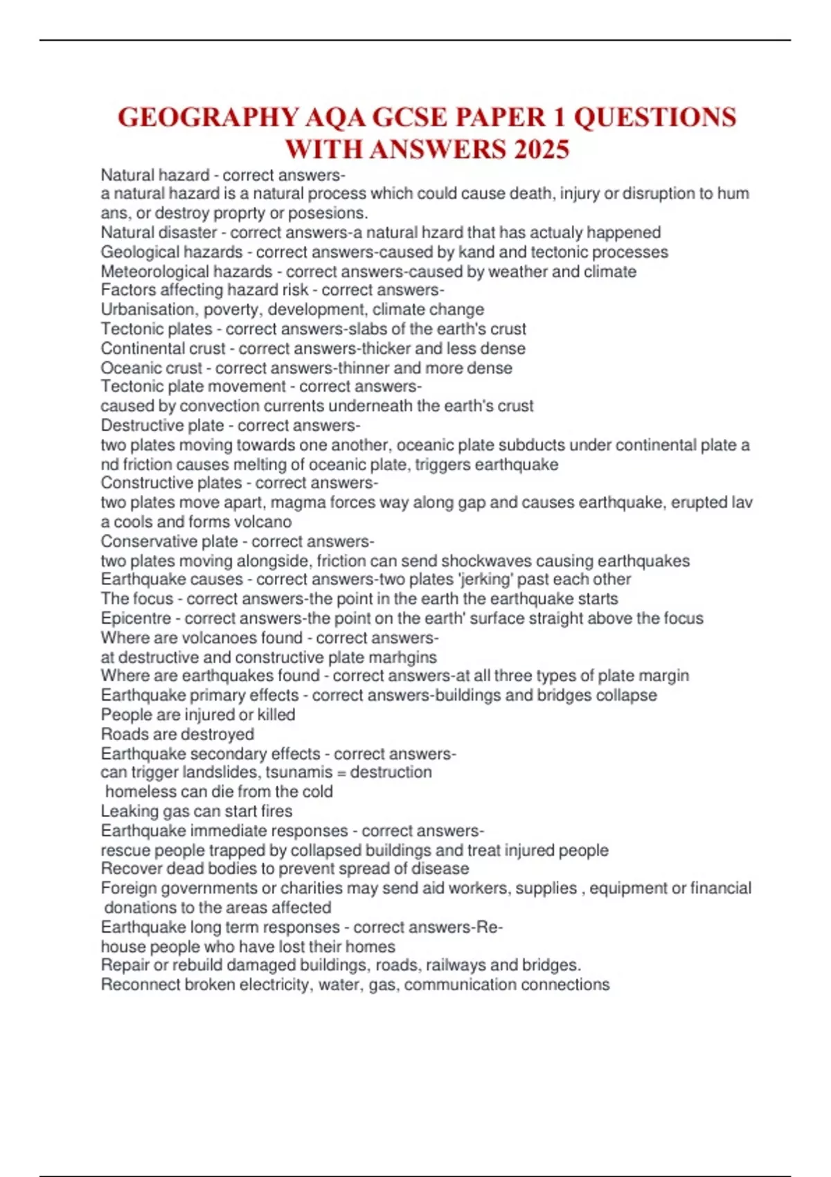 GEOGRAPHY AQA GCSE PAPER 1 QUESTIONS WITH ANSWERS 2025 - AQA GCSE ...