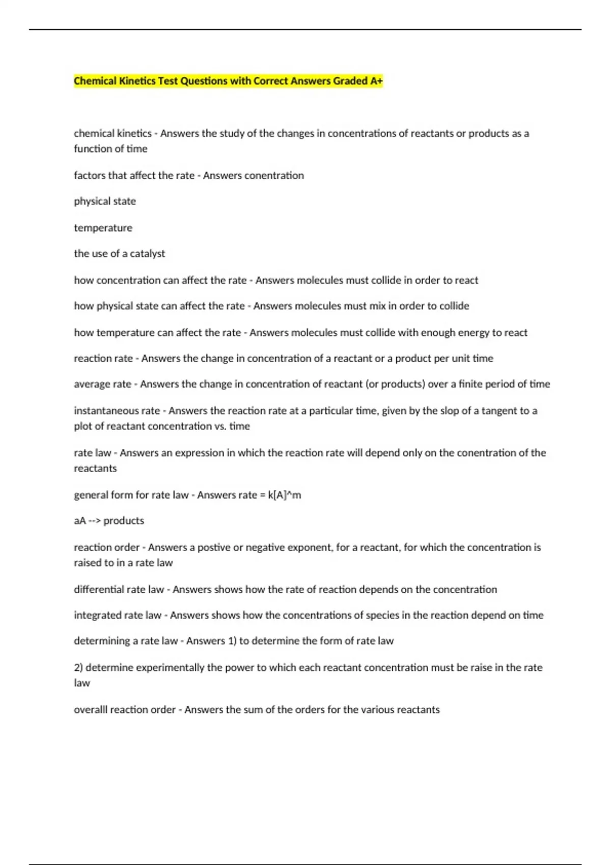 Chemical Kinetics Test Questions with Correct Answers Graded A+ ...