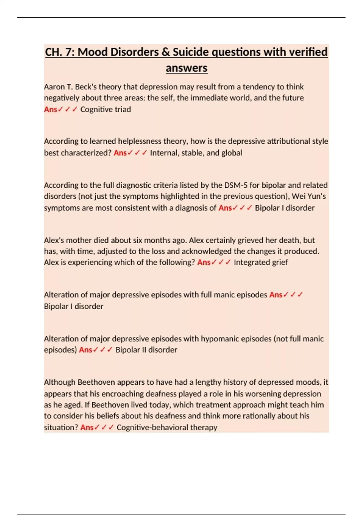 CH. 7: Mood Disorders & Suicide questions with verified answers - Mood ...