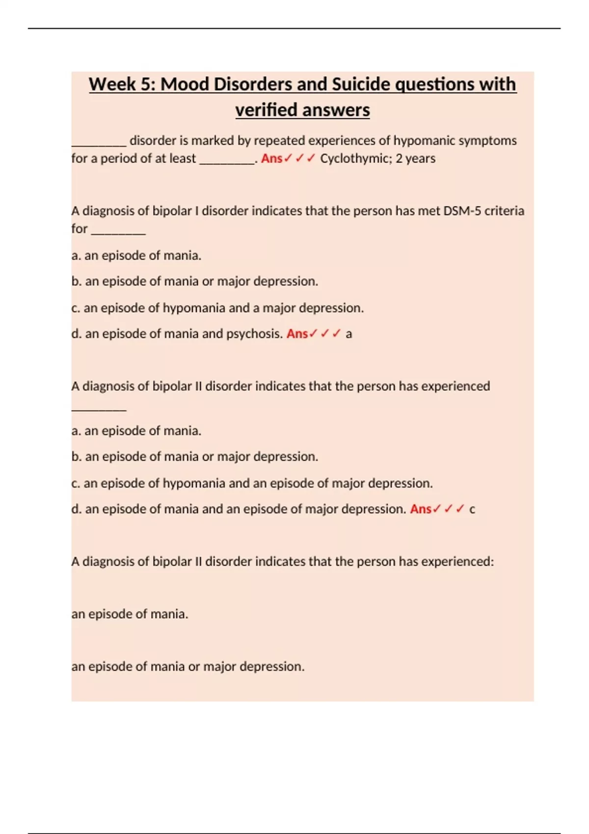 Week 5: Mood Disorders and Suicide questions with verified answers ...