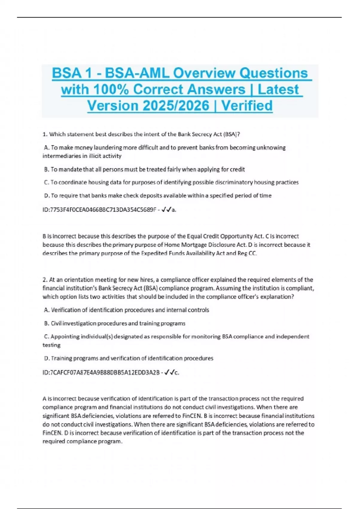 BSA 1 - BSA-AML Overview Questions with 100% Correct Answers | Latest ...