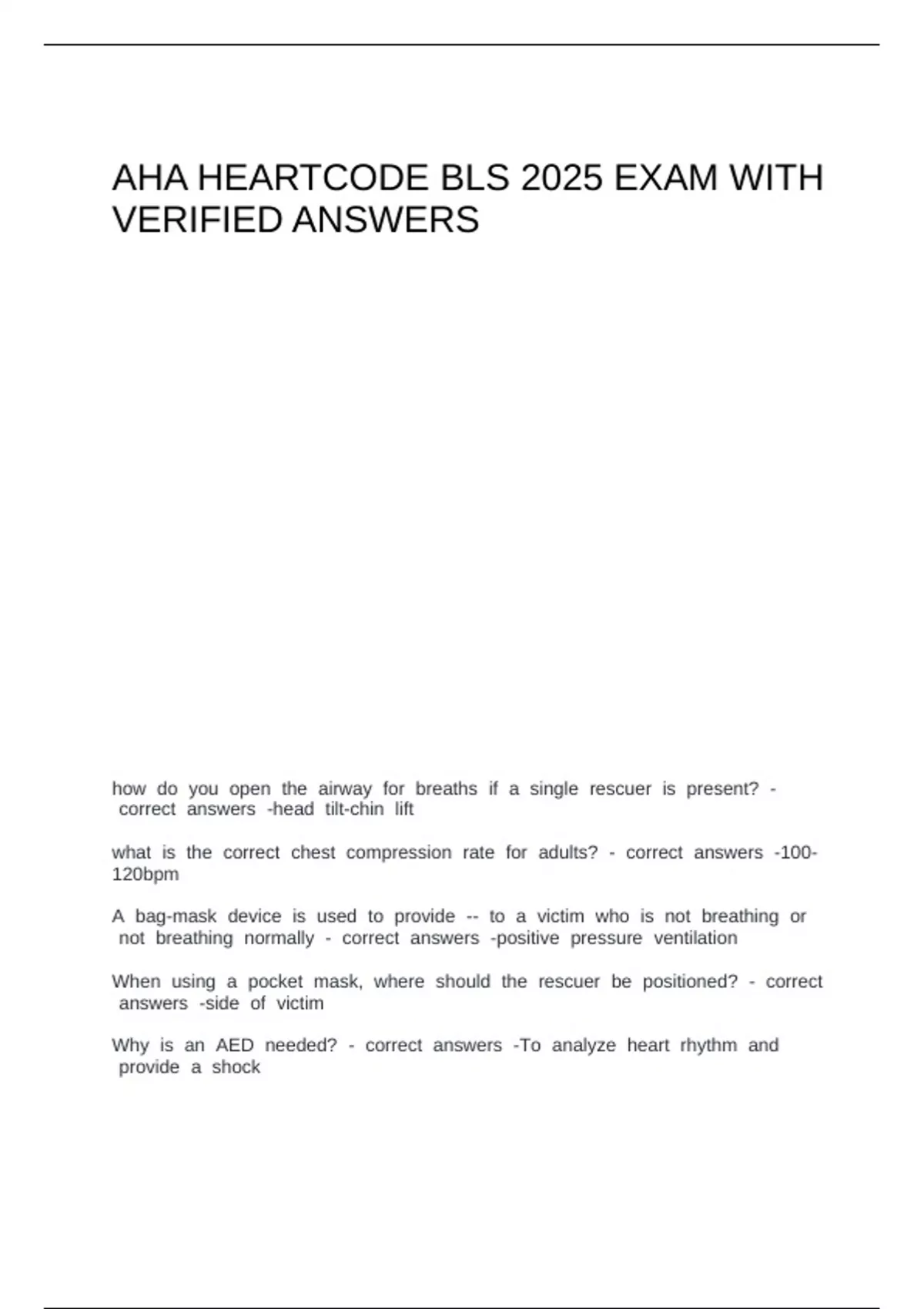 AHA HEARTCODE BLS 2025 EXAM WITH VERIFIED ANSWERS - HEARTCODE BLS ...