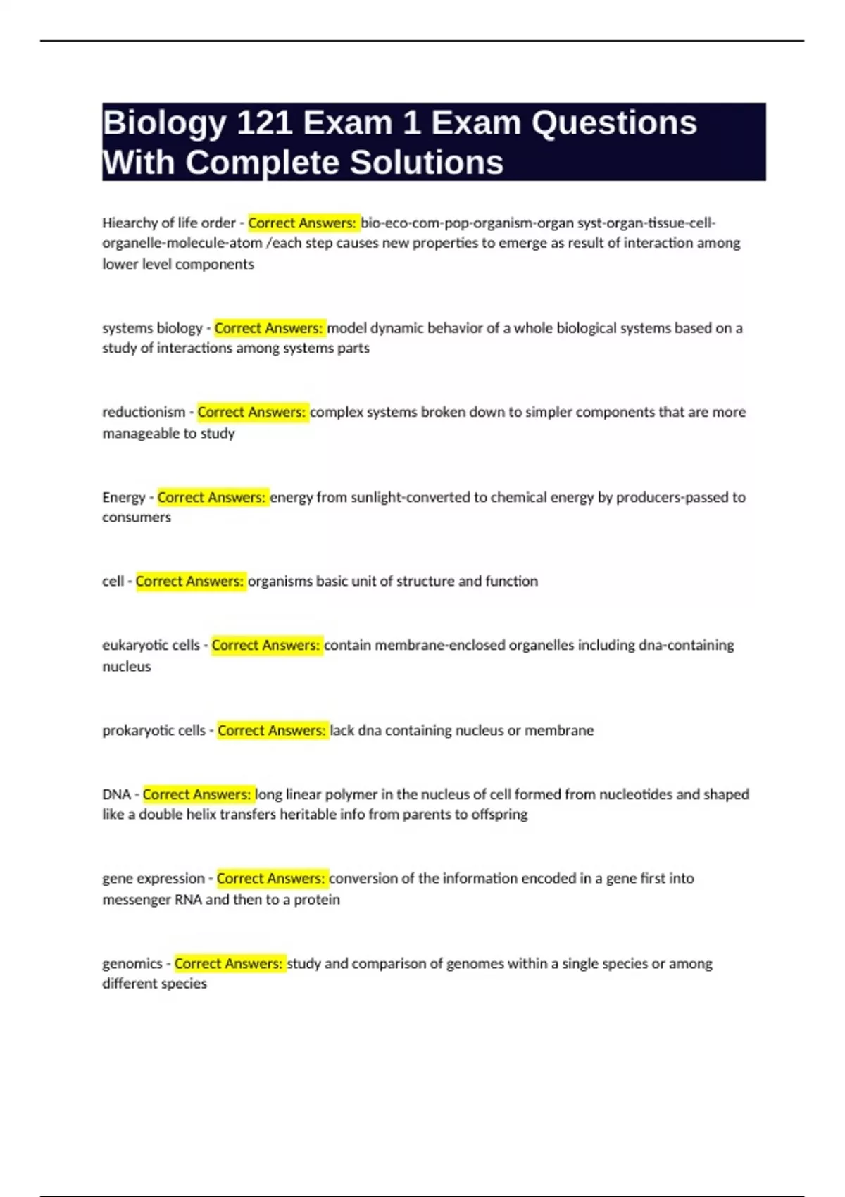 Biology 121 Exam 1 Exam Questions With Complete Solutions - BIO 121 ...
