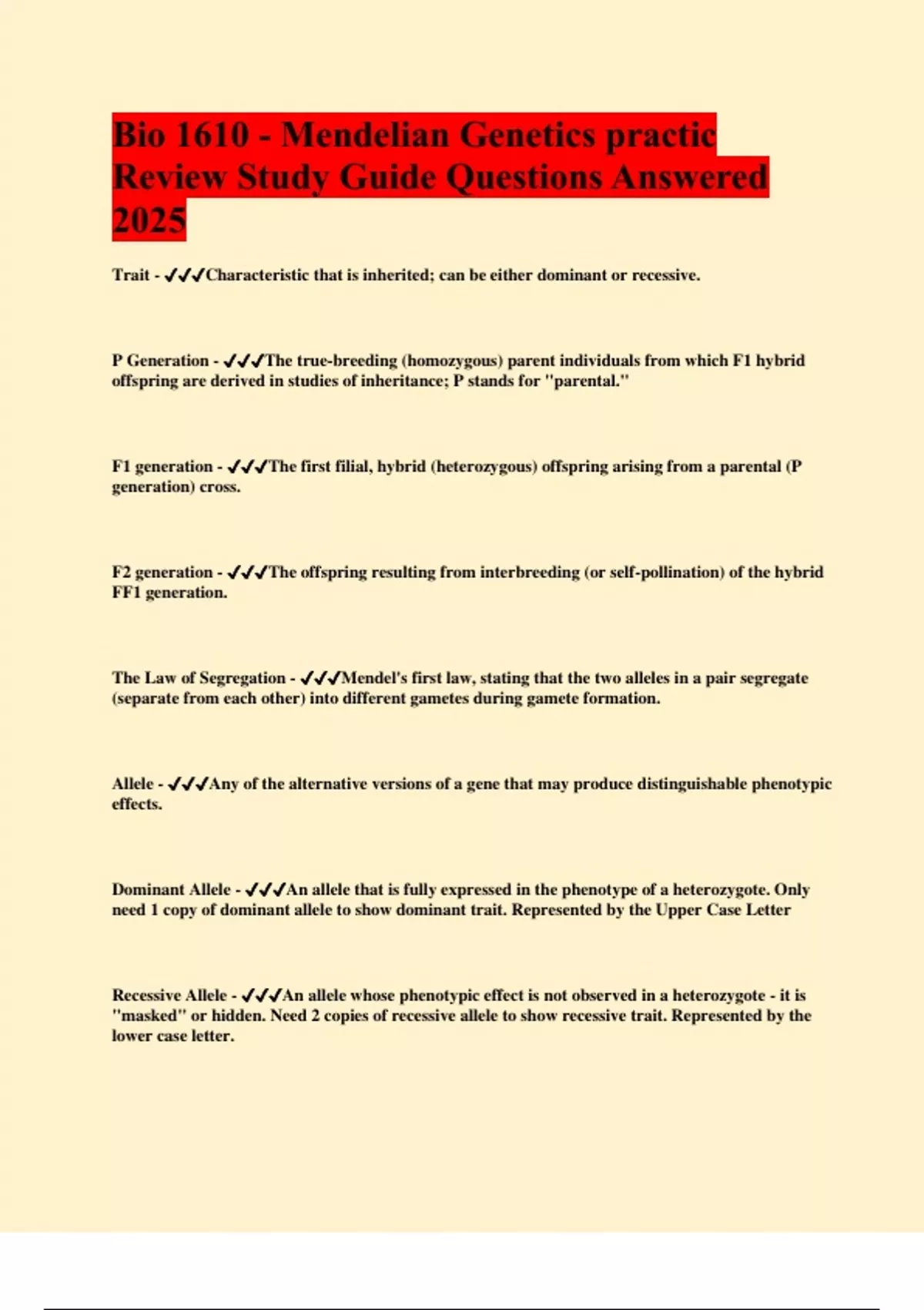 Bio 1610 - Mendelian Genetics practic Review Study Guide Questions ...