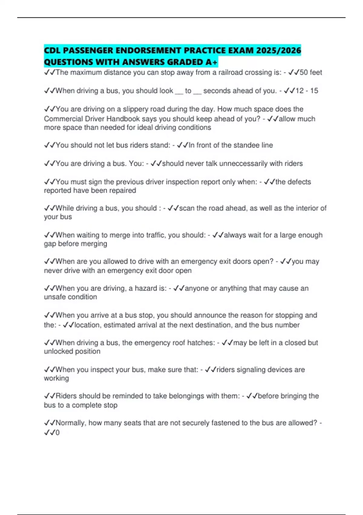 CDL PASSENGER ENDORSEMENT PRACTICE EXAM 2025/2026 QUESTIONS WITH ...