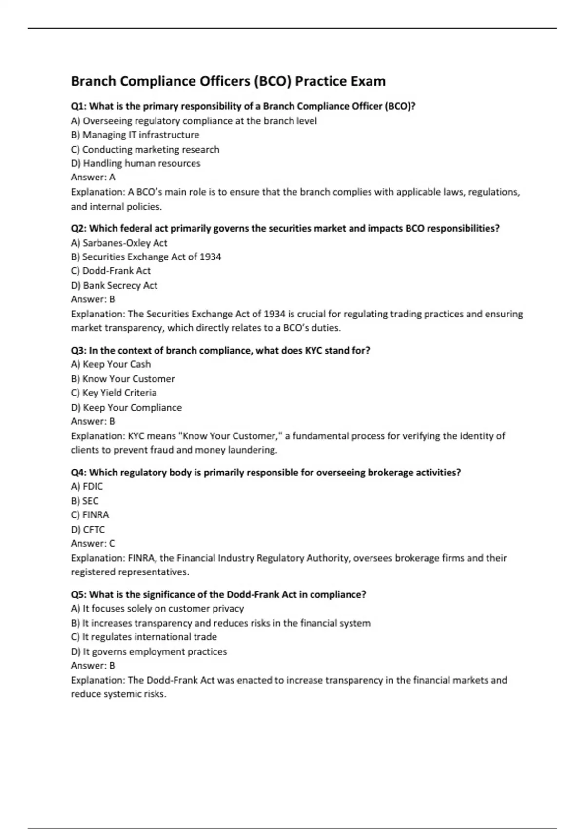 Branch Compliance Officers (BCO) Practice Exam - Computers - Stuvia US