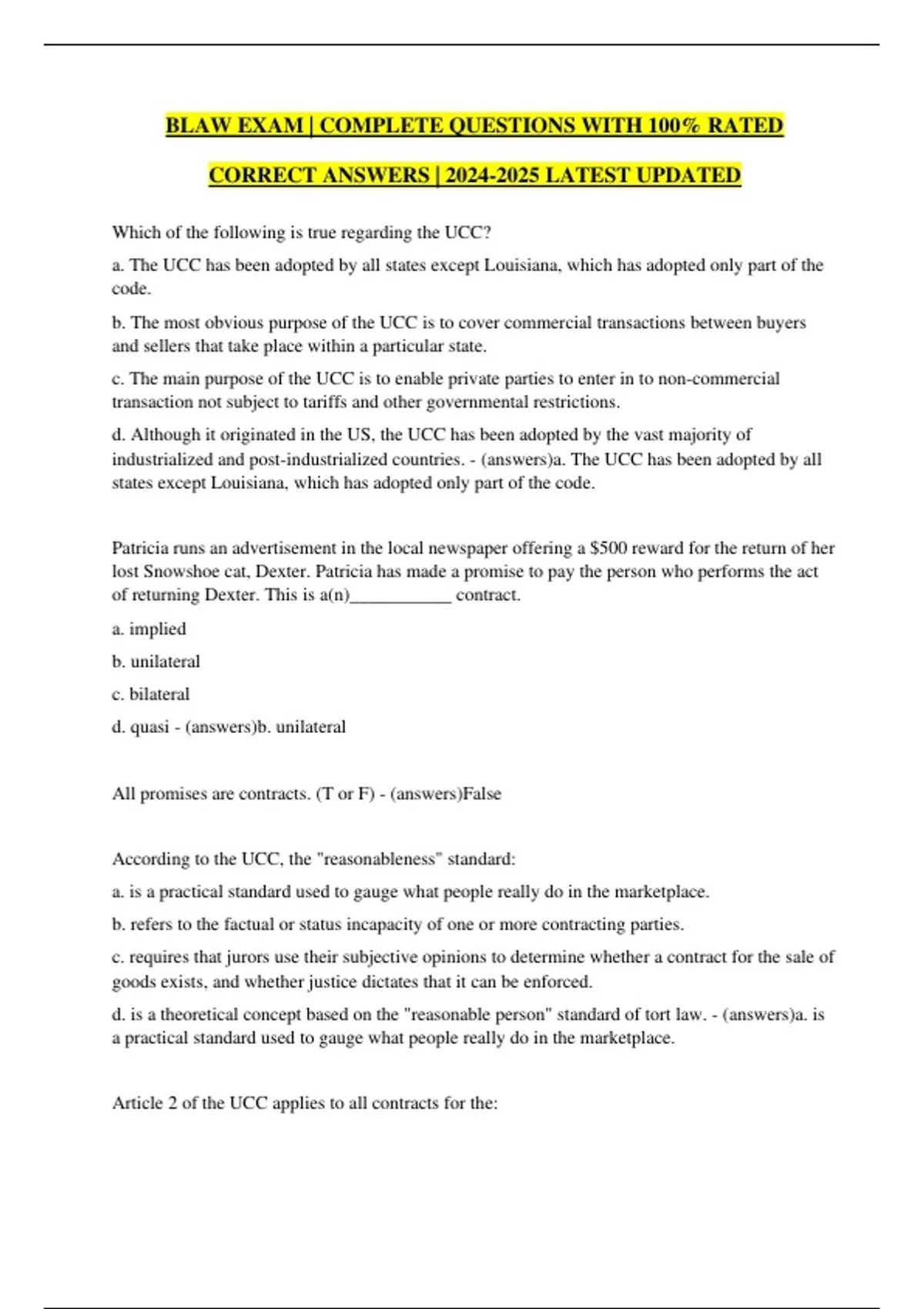 BLAW EXAM | COMPLETE QUESTIONS WITH 100% RATED CORRECT ANSWERS | LATEST ...