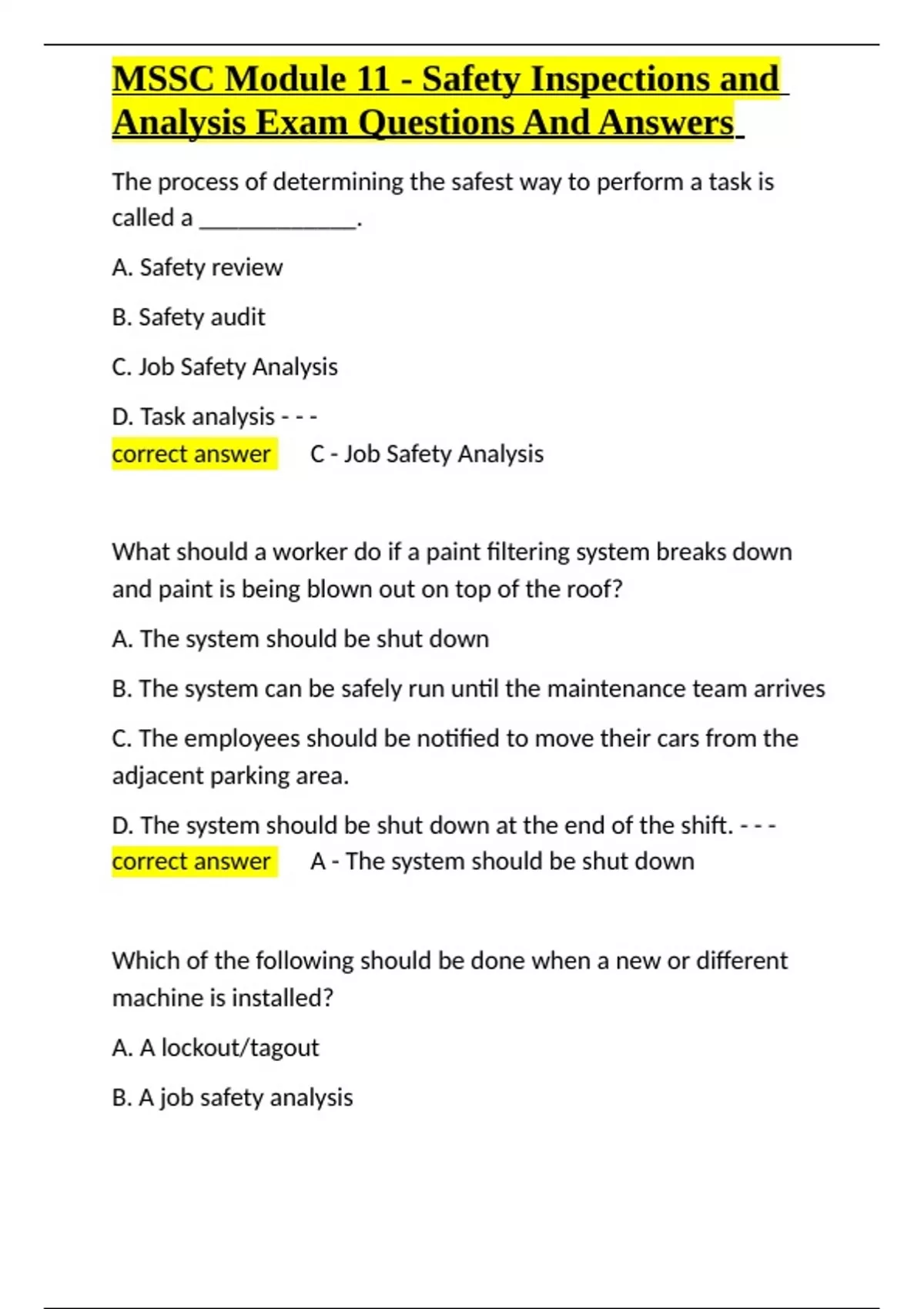 MSSC Module 11 - Safety Inspections and Analysis Exam Questions And ...