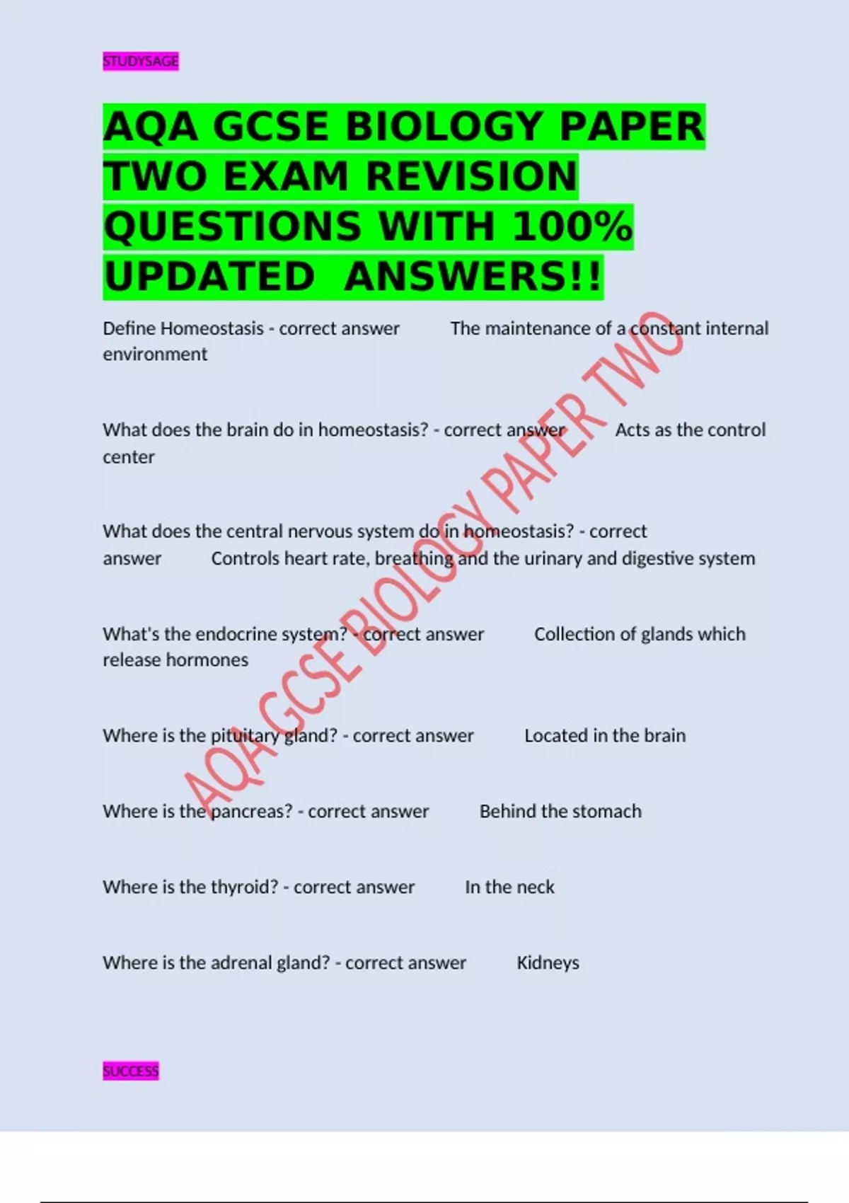 AQA GCSE BIOLOGY PAPER TWO EXAM REVISION QUESTIONS WITH 100% UPDATED ...