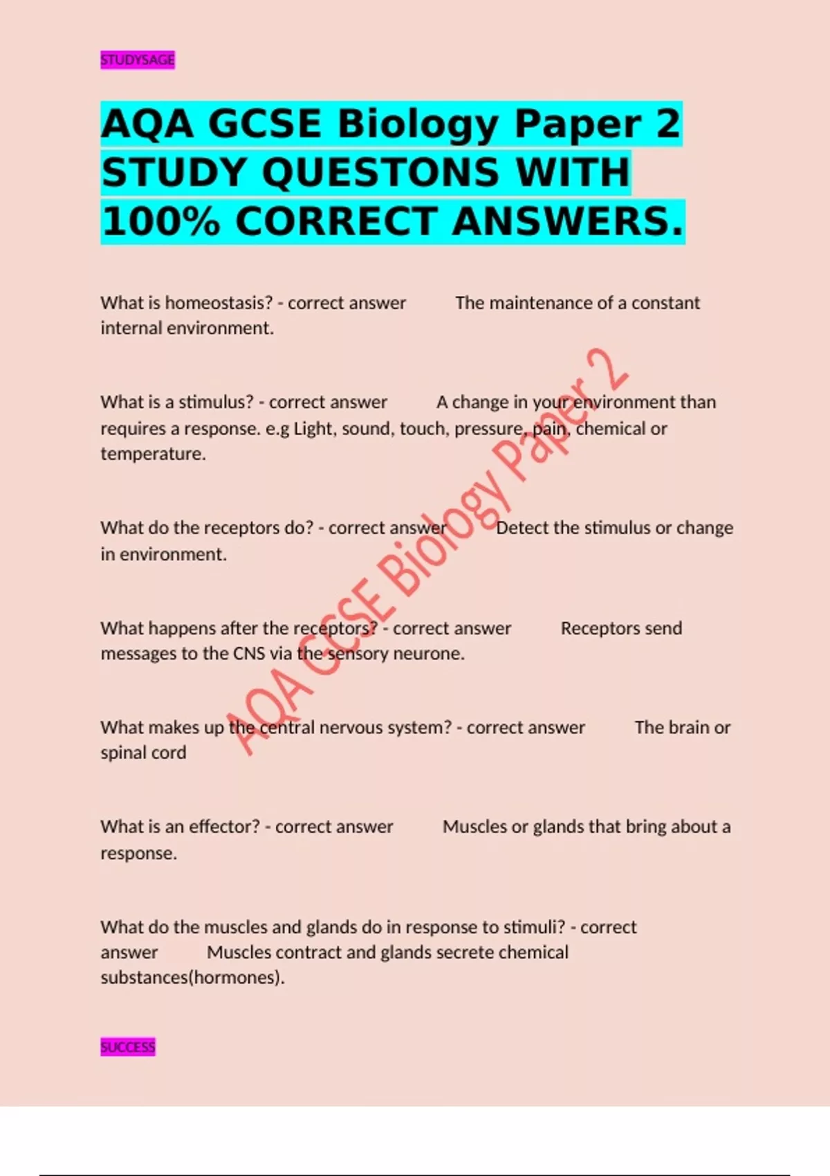 AQA GCSE Biology Paper 2 STUDY QUESTONS WITH 100% CORRECT ANSWERS ...