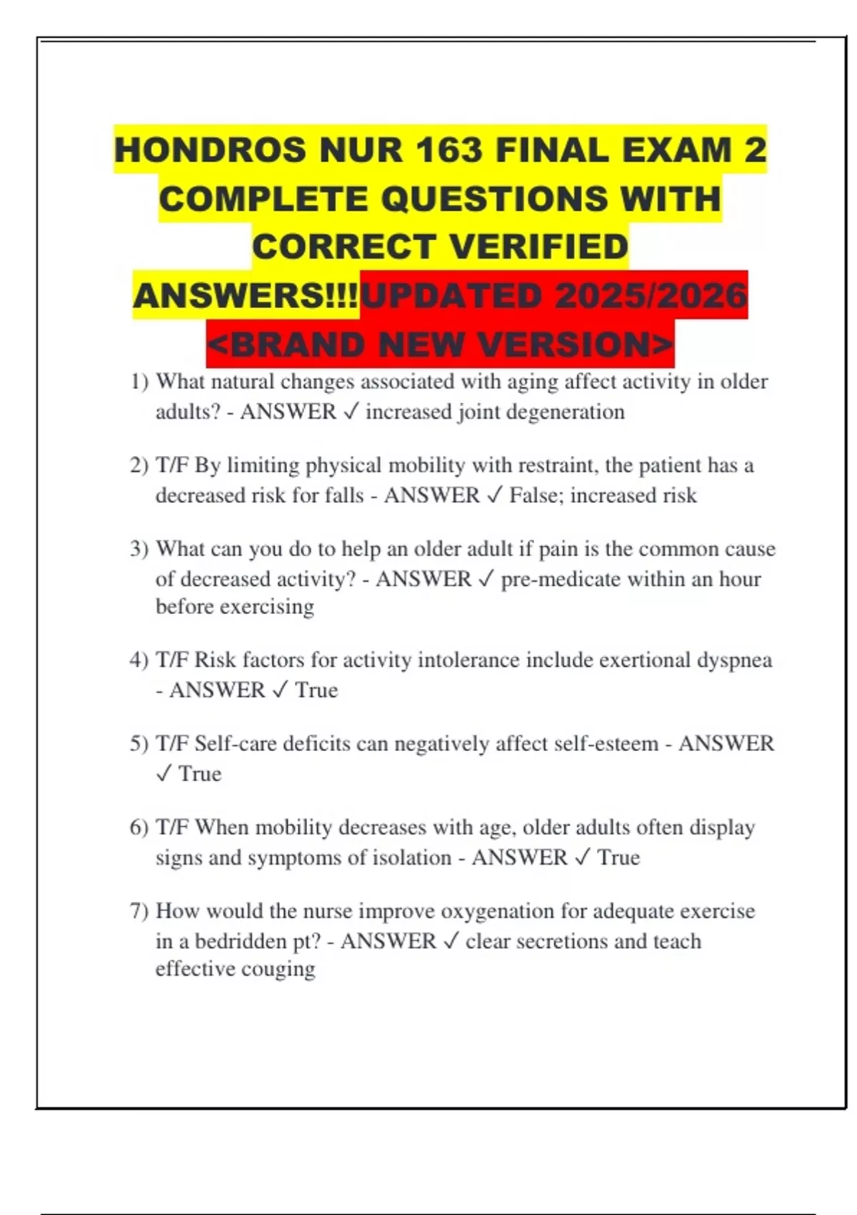 HONDROS NUR 163 FINAL EXAM 2 COMPLETE QUESTIONS WITH CORRECT VERIFIED ...