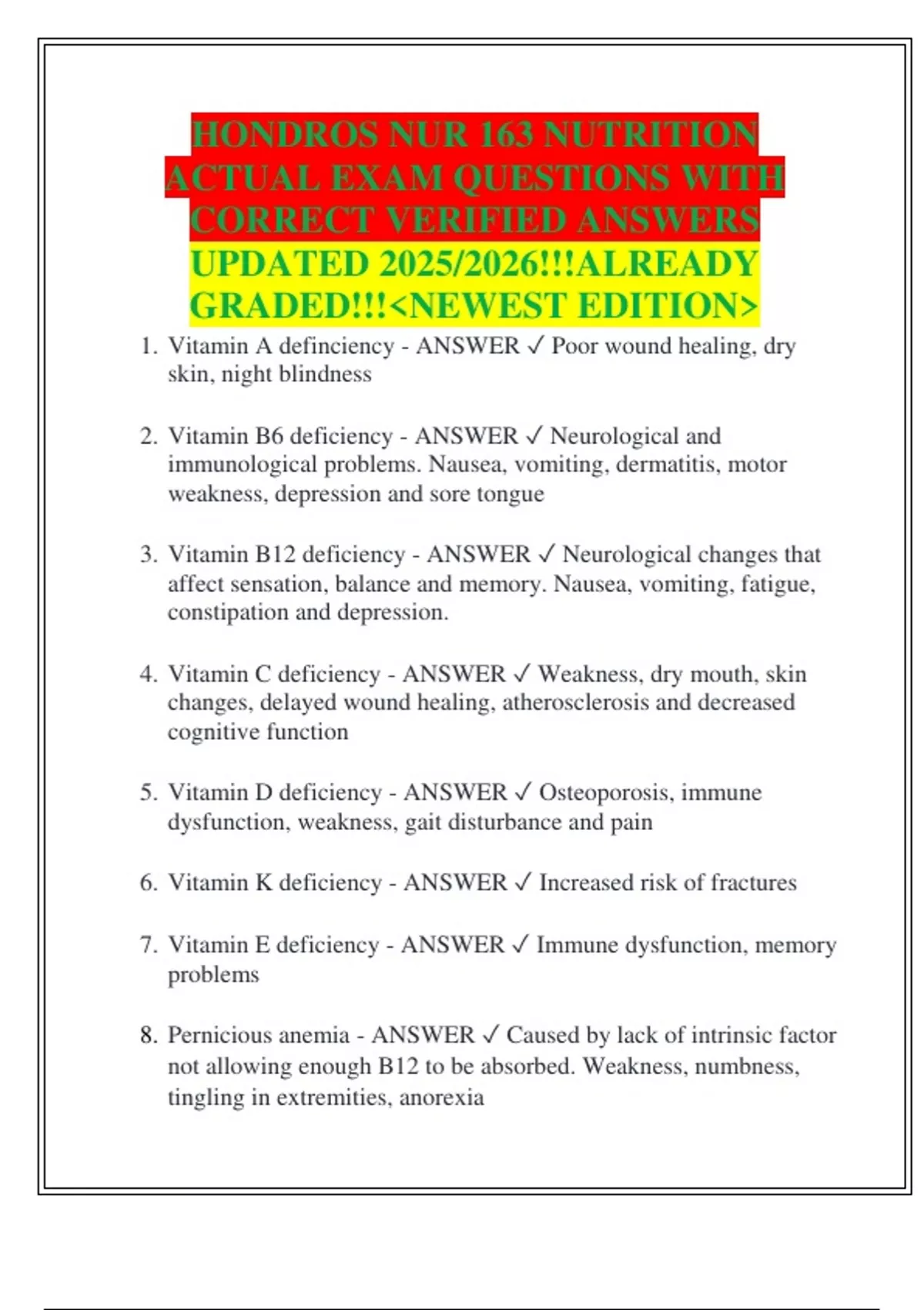 HONDROS NUR 163 NUTRITION ACTUAL EXAM QUESTIONS WITH CORRECT VERIFIED ...