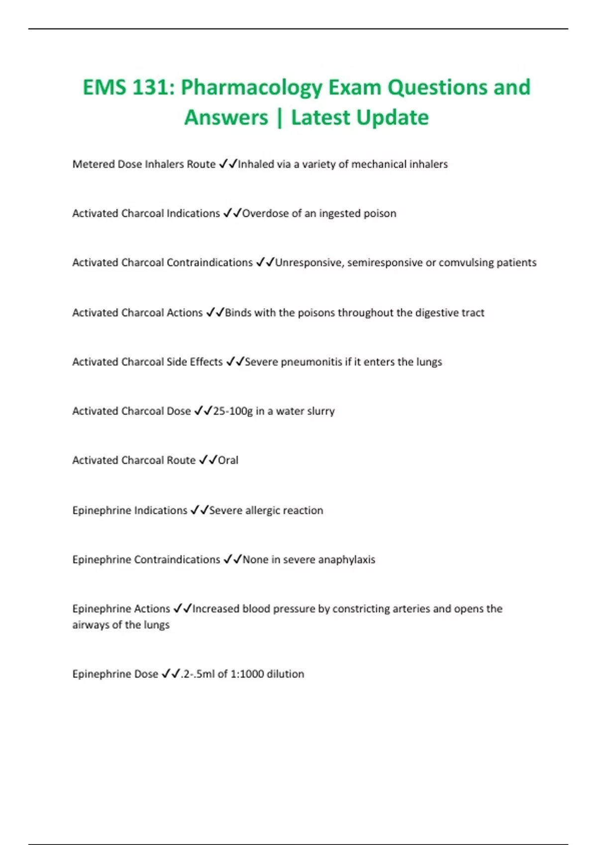 Ems 131 Pharmacology Exam Questions And Answers Latest Update Ems