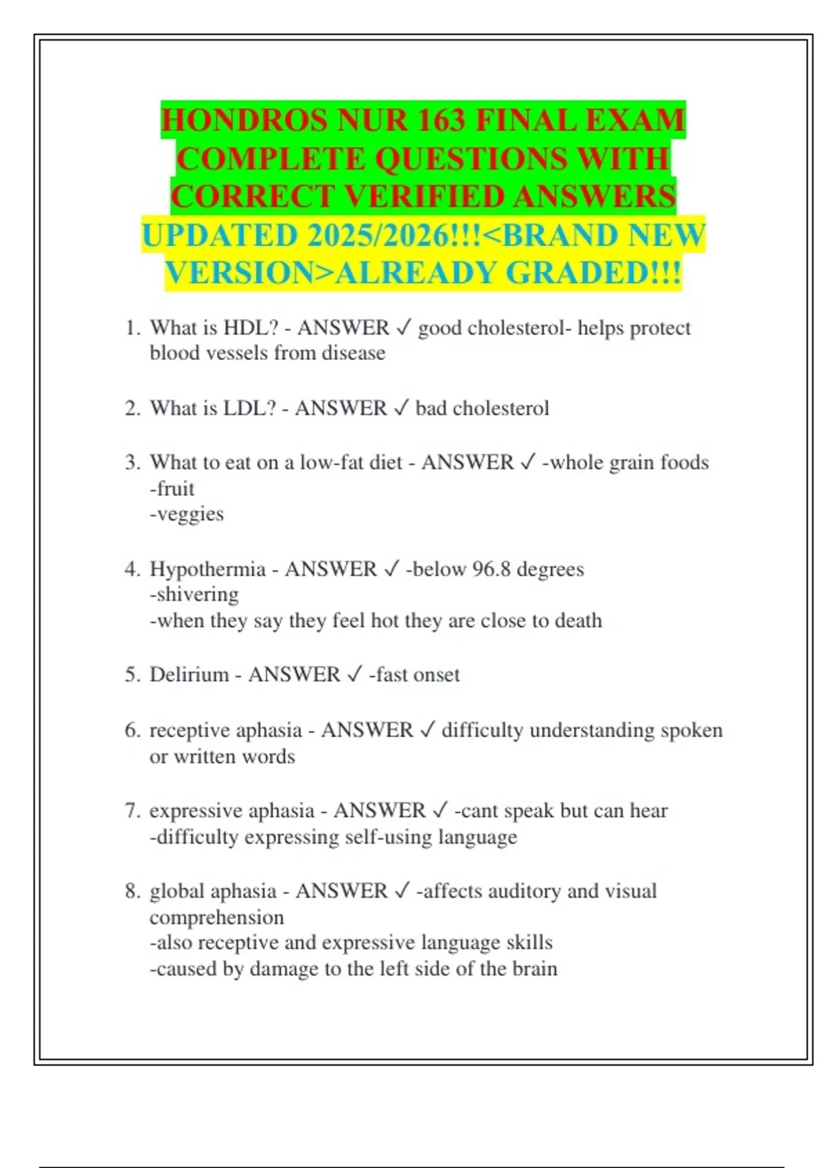 HONDROS NUR 163 FINAL EXAM COMPLETE QUESTIONS WITH CORRECT VERIFIED ...