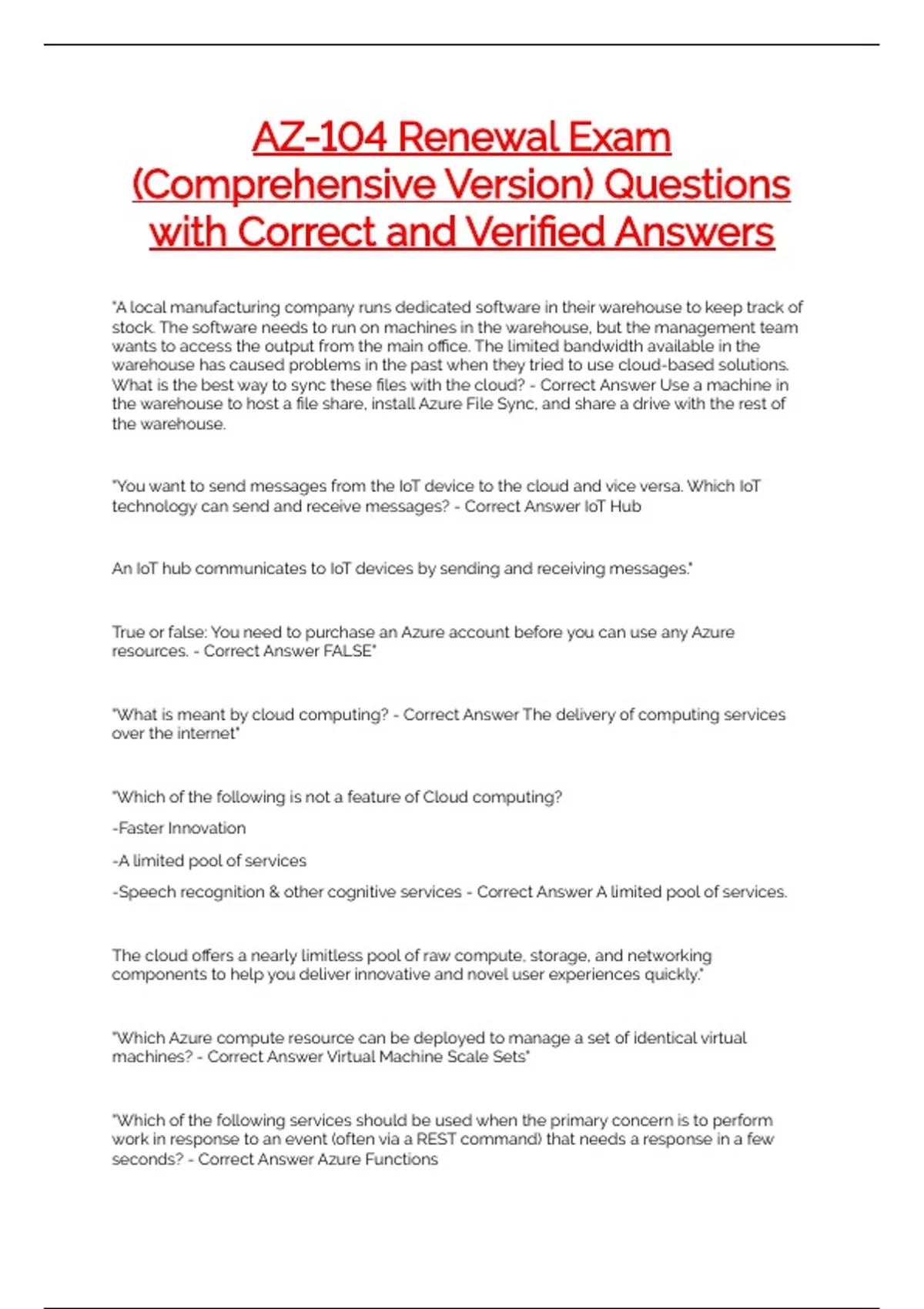 AZ-104 Renewal Exam (Comprehensive Version) Questions with Correct and ...