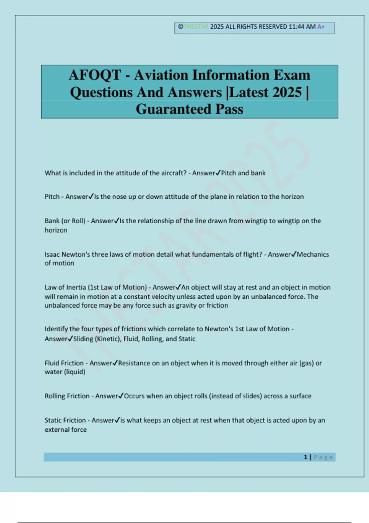 AFOQT - Aviation Information Exam Questions And Answers |Latest 2025 ...