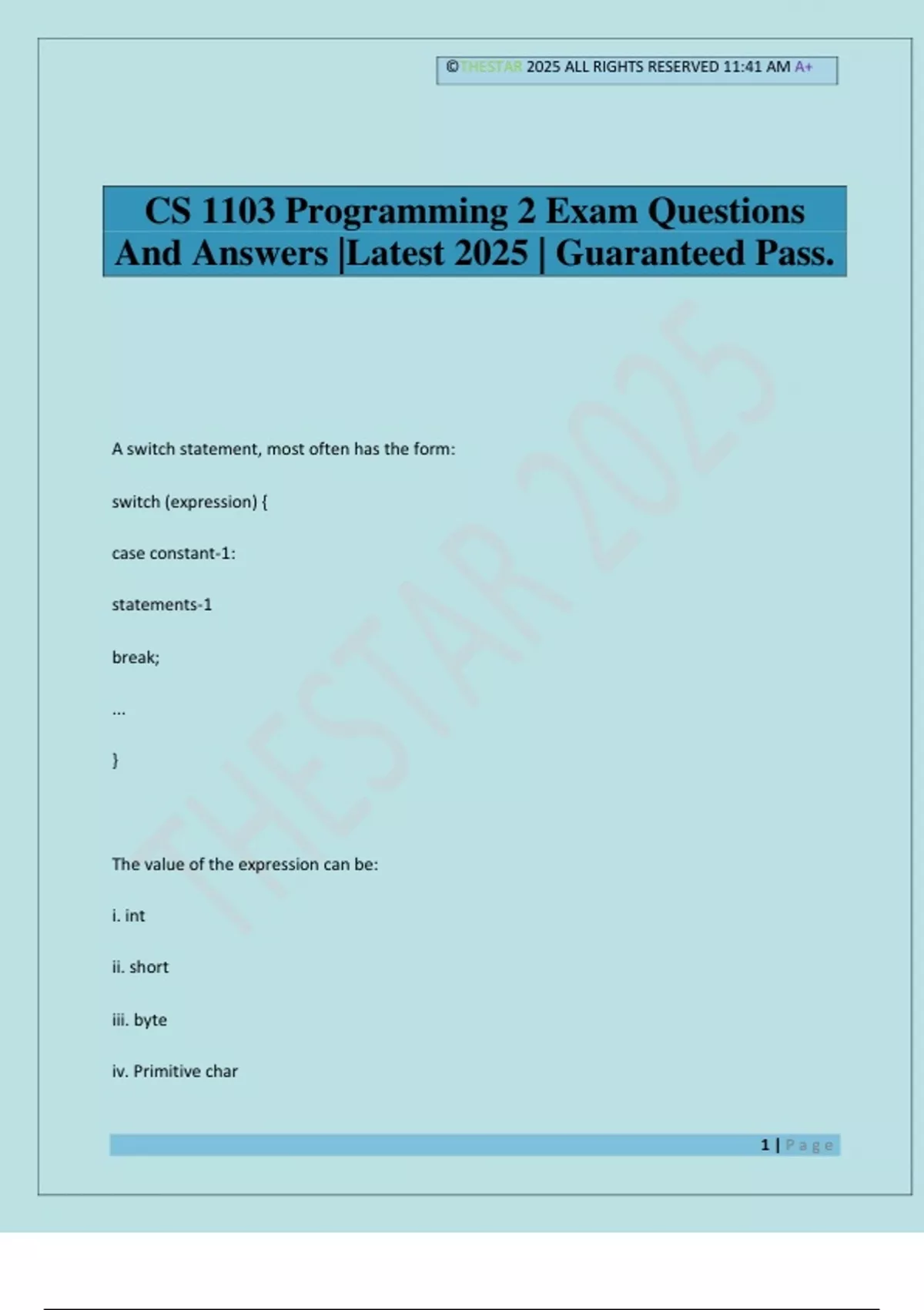 CS 1103 Programming 2 Exam Questions And Answers |Latest 2025 ...