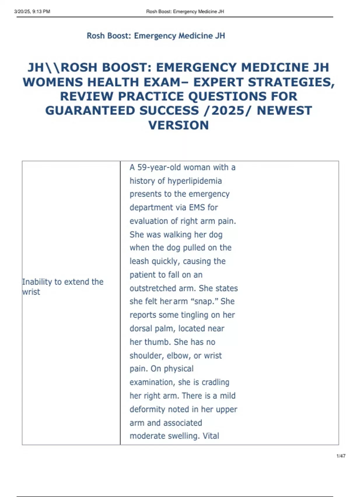 JHROSH BOOST EMERGENCY MEDICINE JH WOMENS HEALTH EXAM EXPERT