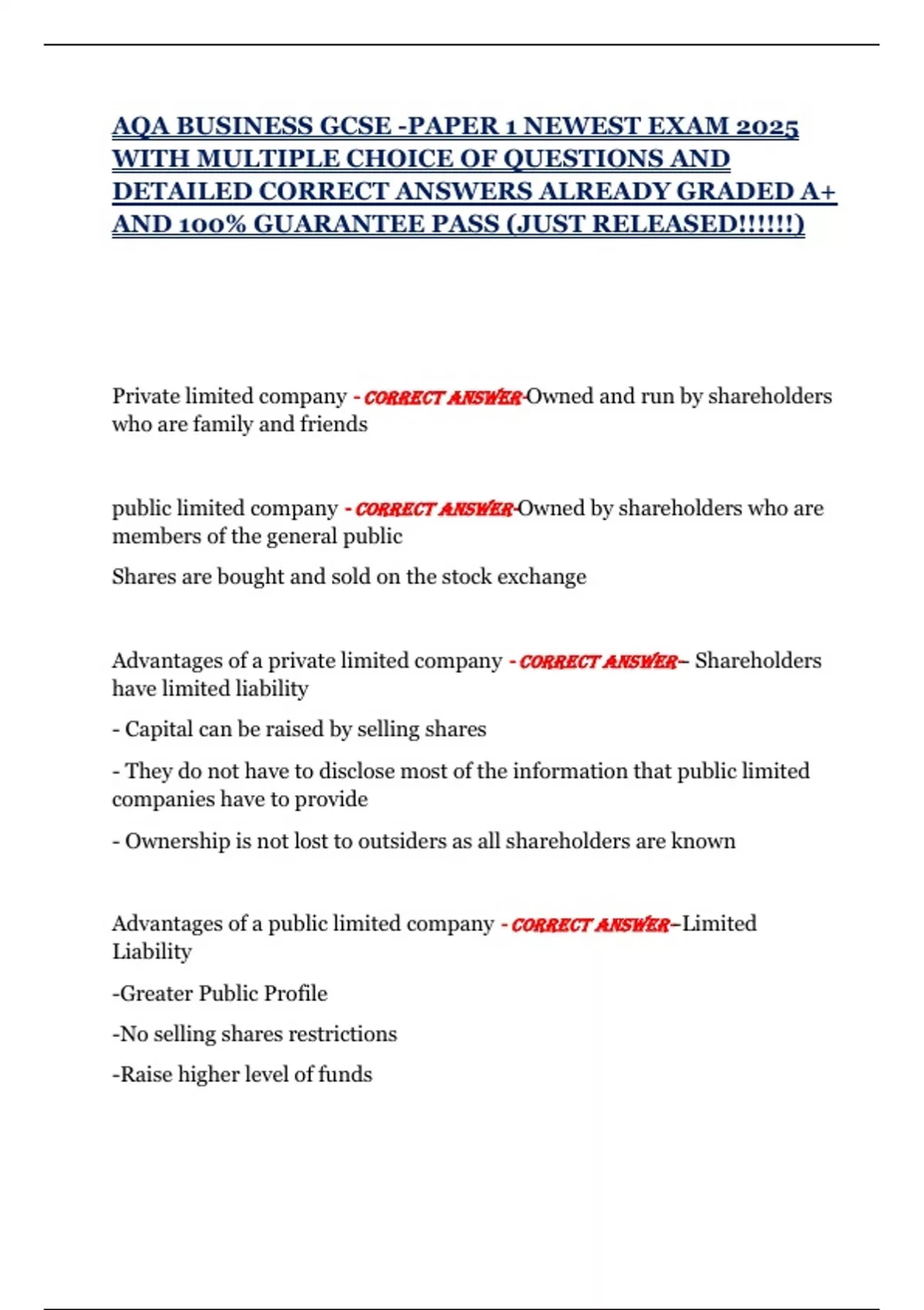 AQA BUSINESS GCSE -PAPER 1 NEWEST EXAM 2025 WITH MULTIPLE CHOICE OF ...