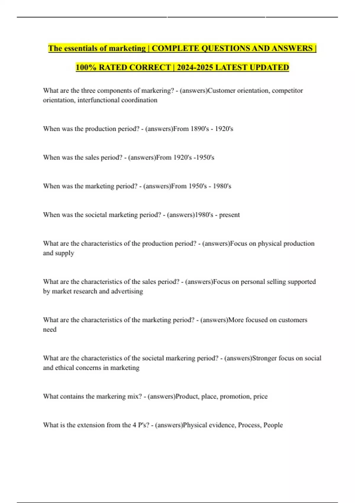 The essentials of marketing | COMPLETE QUESTIONS AND ANSWERS | 100% RATED CORRECT | LATEST ...