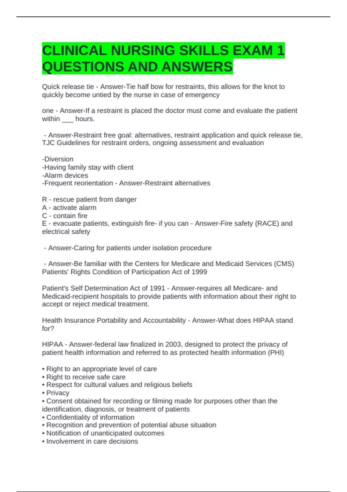 CLINICAL NURSING SKILLS EXAM 1 QUESTIONS AND ANSWERS - CLINICAL SKILLS ...