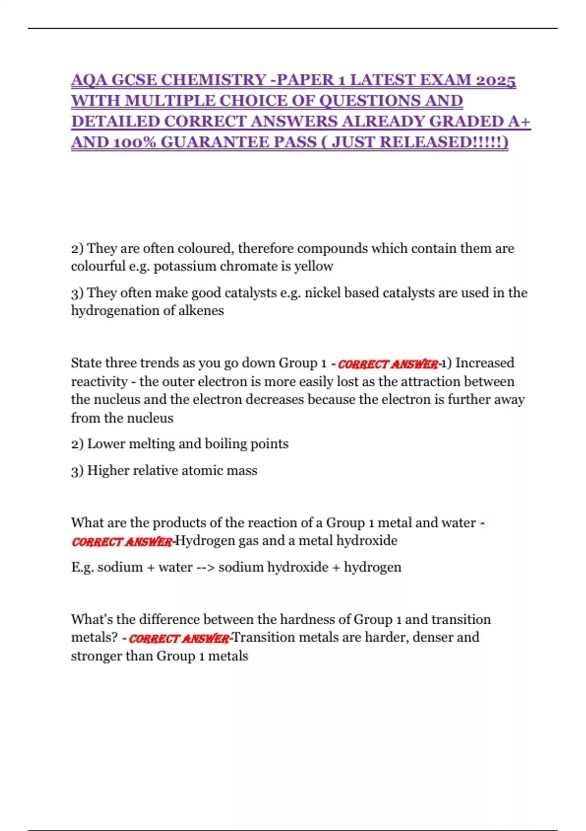 AQA GCSE CHEMISTRY -PAPER 1 LATEST EXAM 2025 WITH MULTIPLE CHOICE OF ...