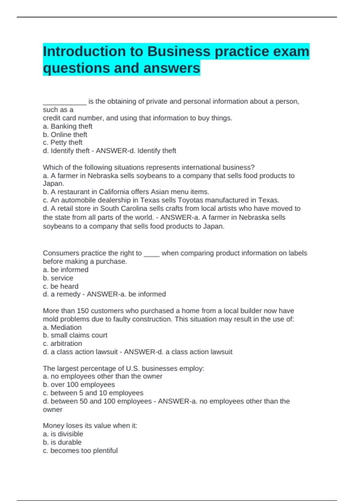 Introduction to Business practice exam questions and answers - Business ...