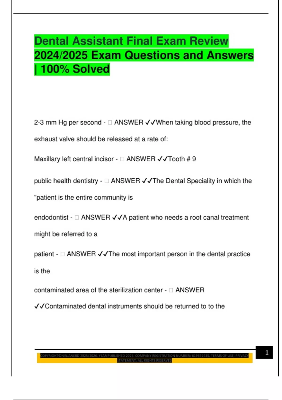 Dental Assistant Final Exam Review 2024/2025 Exam Questions and Answers ...