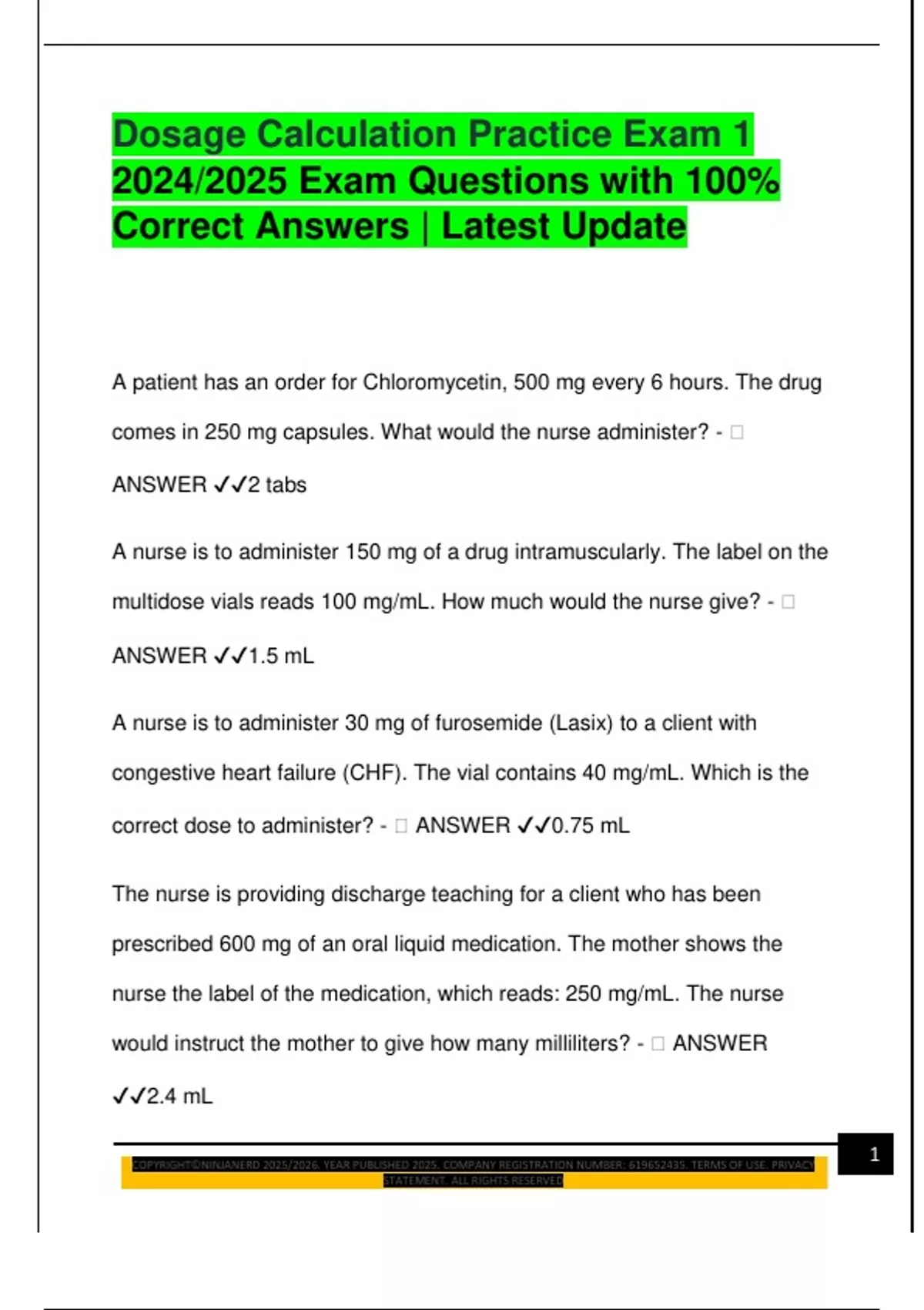 Dosage Calculation Practice Exam 1 2024/2025 Exam Questions with 100% ...