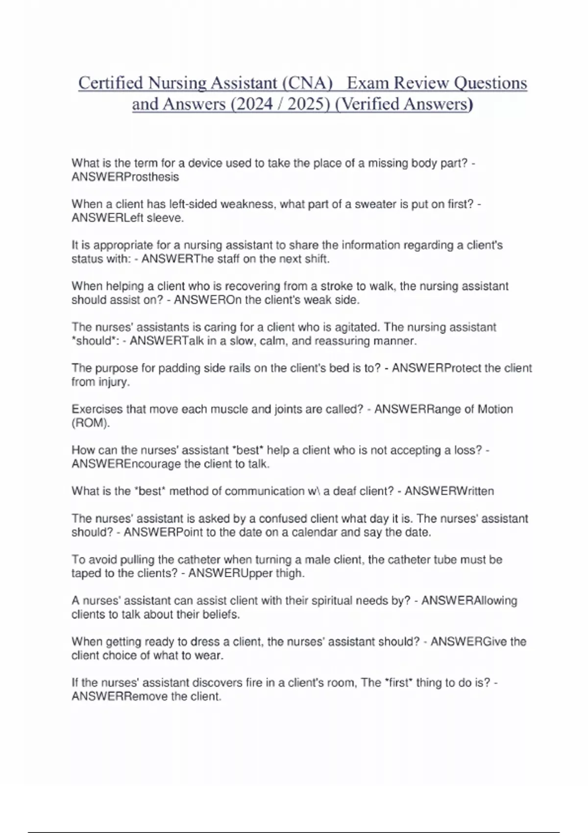 Certified Nursing Assistant Cna Exam Review Questions Verified