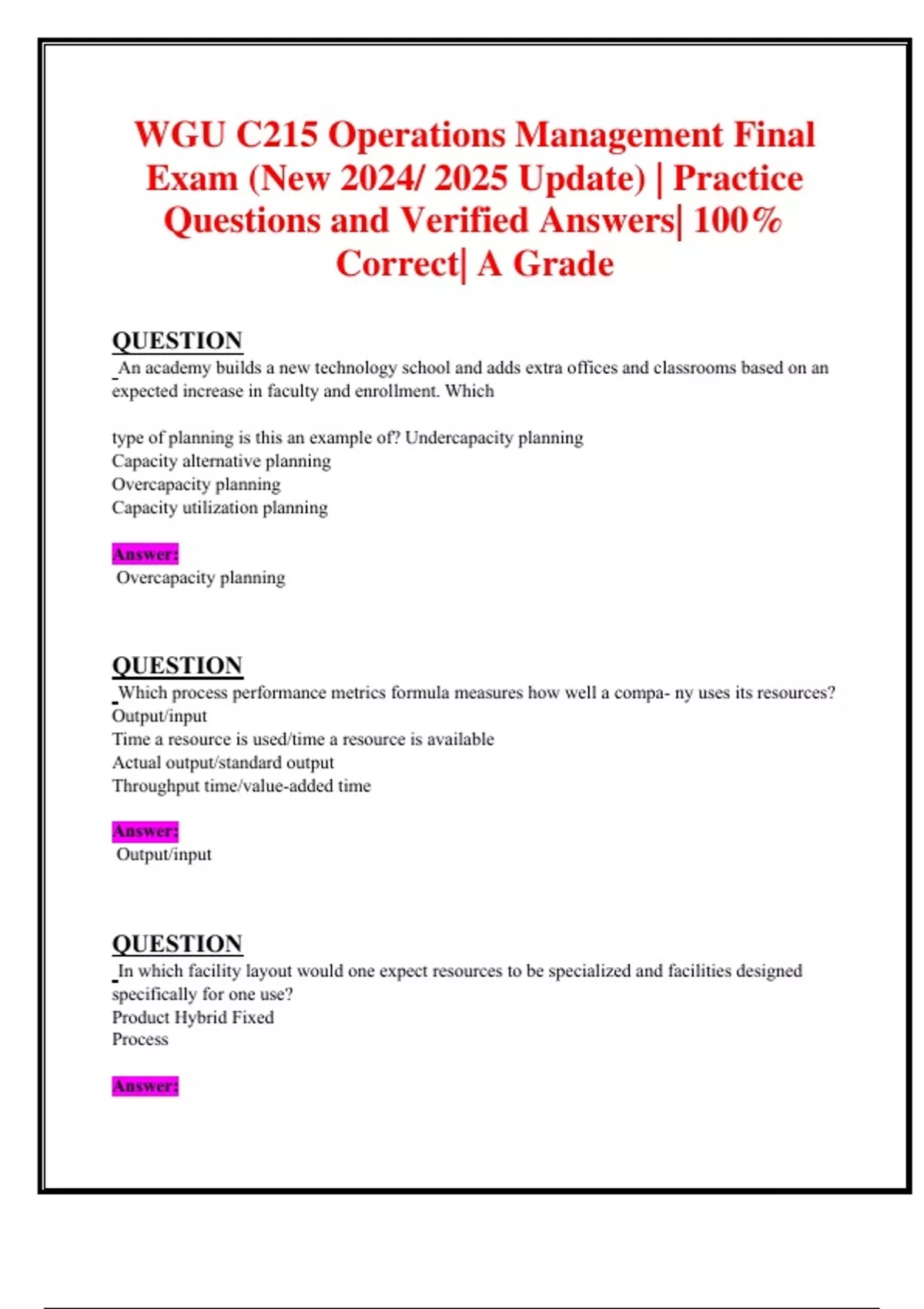 WGU C215 Operations Management Final Exam (New 2024/ 2025 Update ...