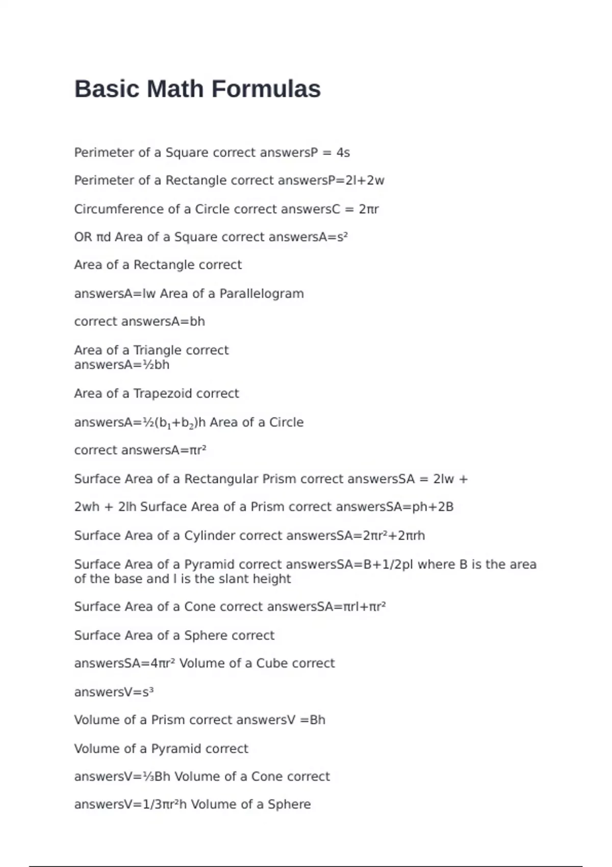 Basic Math Formulas exam with 100% correct answers 2025 - Basic Math ...