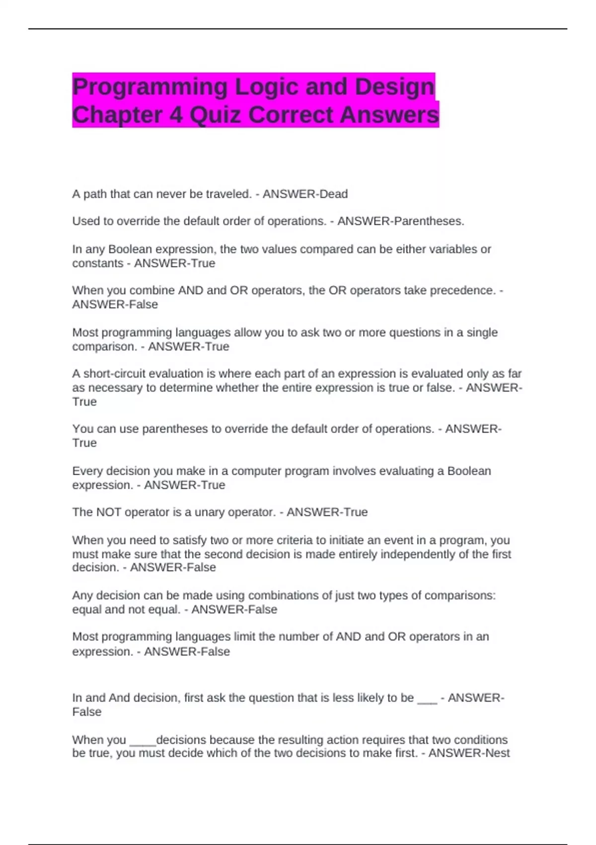 Programming Logic and Design Chapter 4 Quiz Correct Answers ...