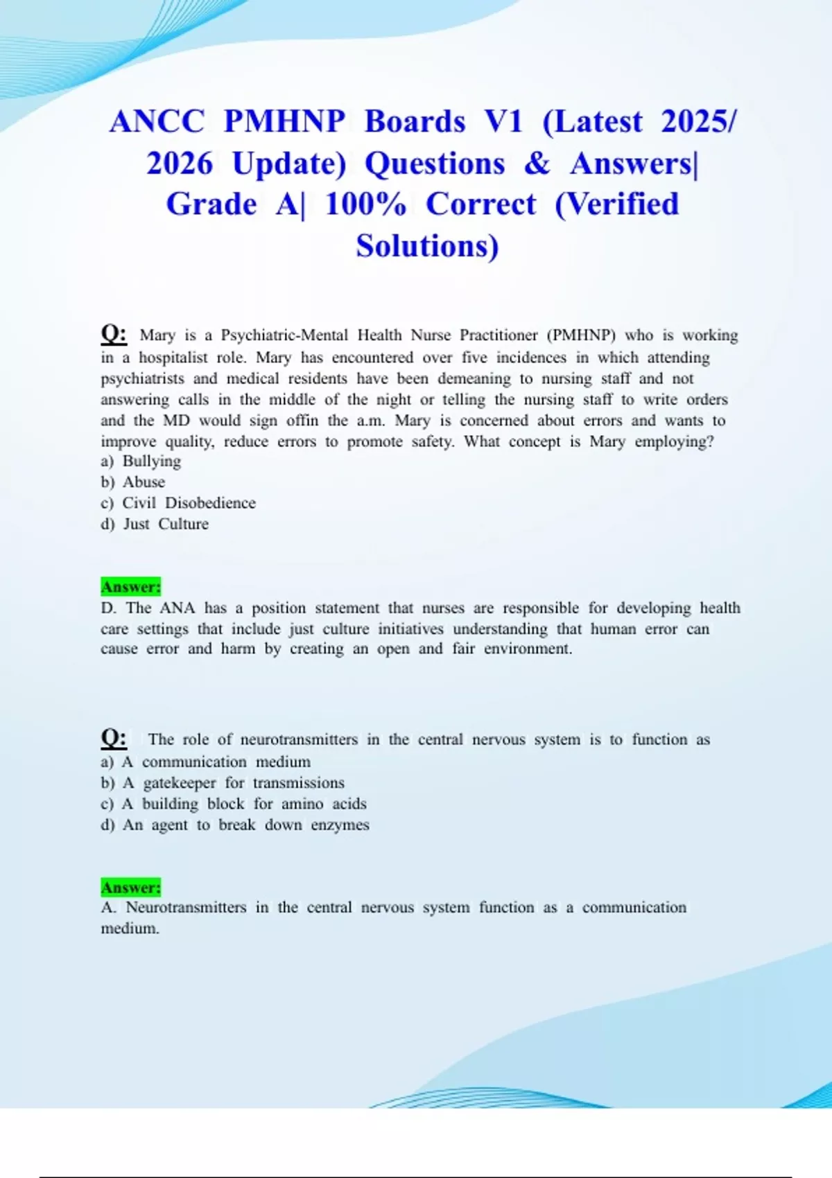 ANCC PMHNP Boards V1 (Latest 2025/ 2026 Update) Questions & Answers ...