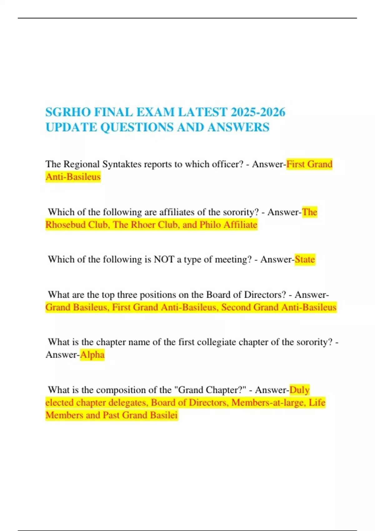 SGRHO FINAL EXAM LATEST UPDATE QUESTIONS AND ANSWERS - SGRHO - Stuvia US