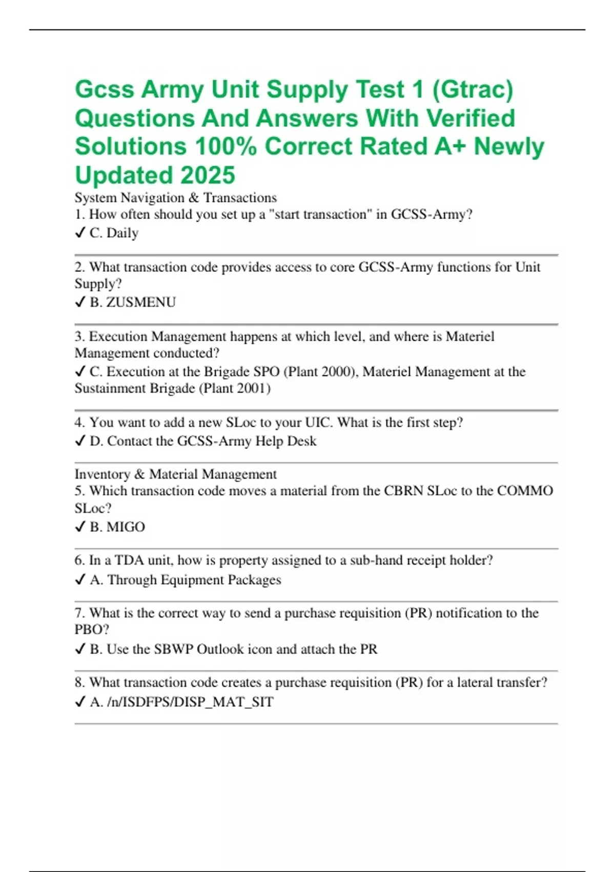 Gcss Army Unit Supply Test 1 (Gtrac) Questions And Answers With ...