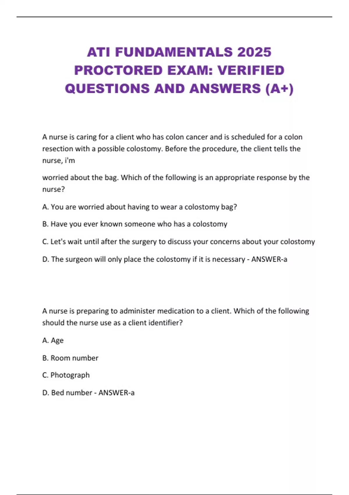 ATI FUNDAMENTALS 2025 PROCTORED EXAM: VERIFIED QUESTIONS AND ANSWERS ...