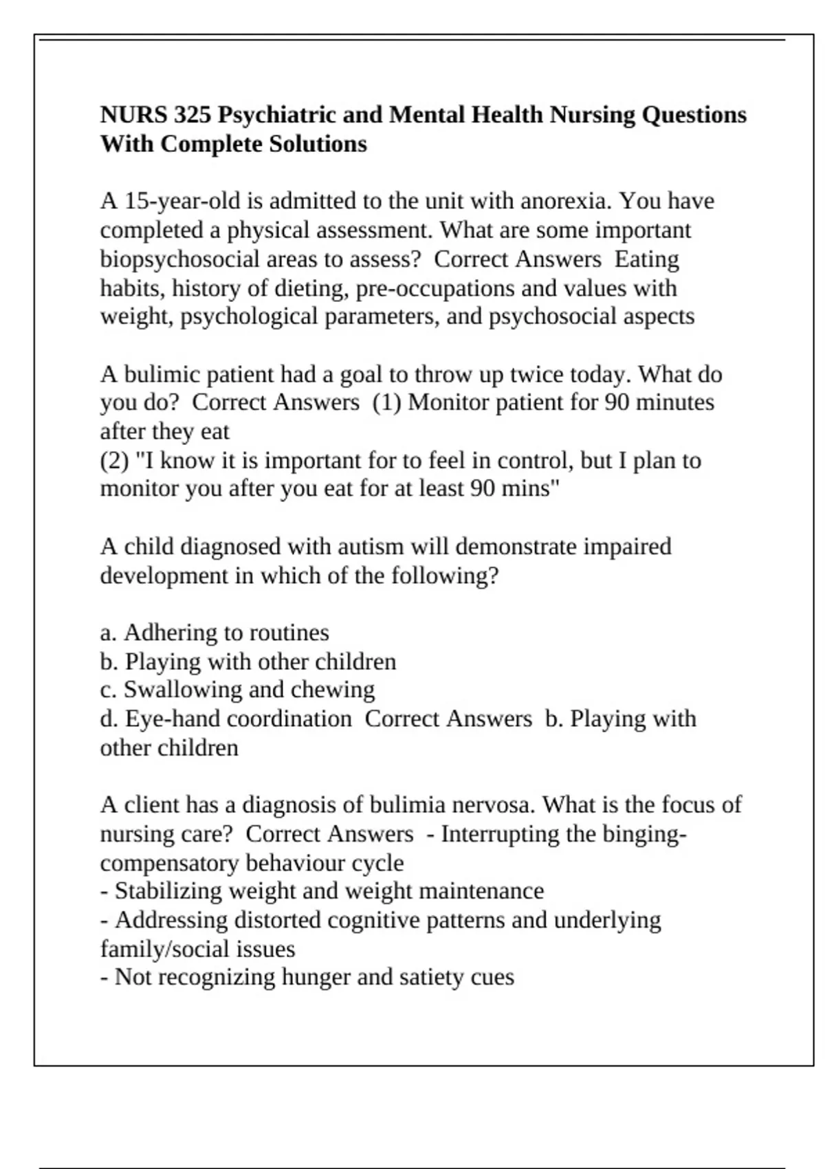 NURS 325 Psychiatric and Mental Health Nursing Questions With Complete ...