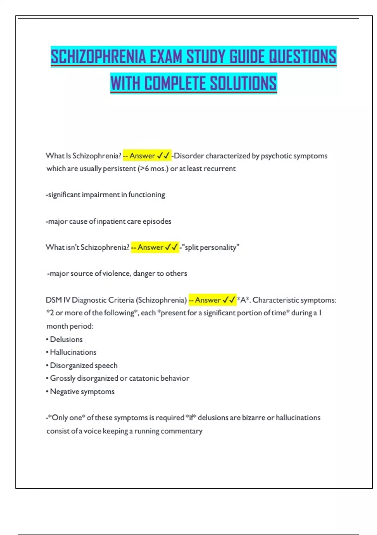 SCHIZOPHRENIA STUDY GUIDE QUESTIONS WITH COMPLETE SOLUTIONS ...