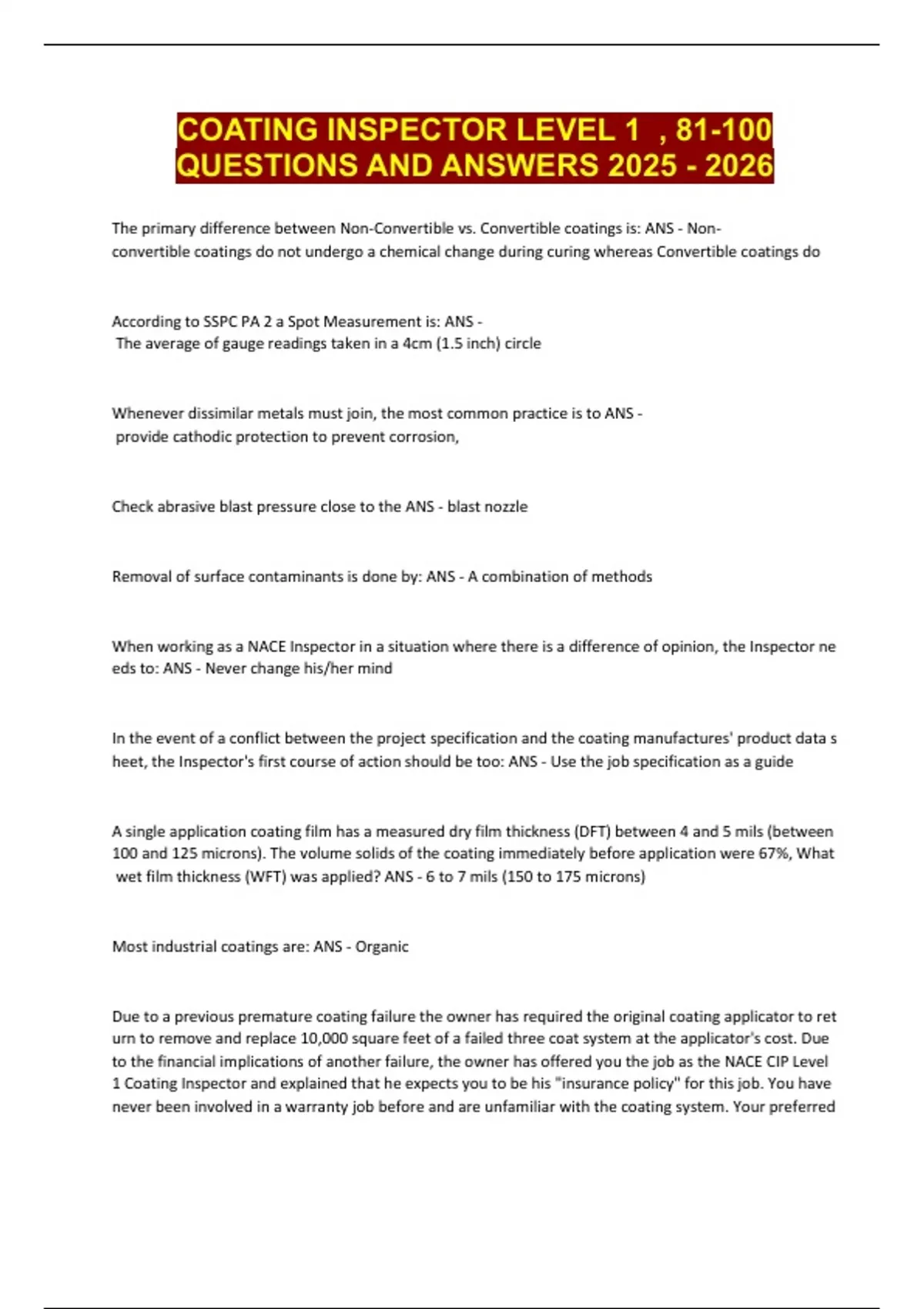 Level 1 Inspector Practical Examples COATING INSPECTOR LEVEL 1 , 81-100 QUESTIONS AND ANSWERS - NACE CIP ...