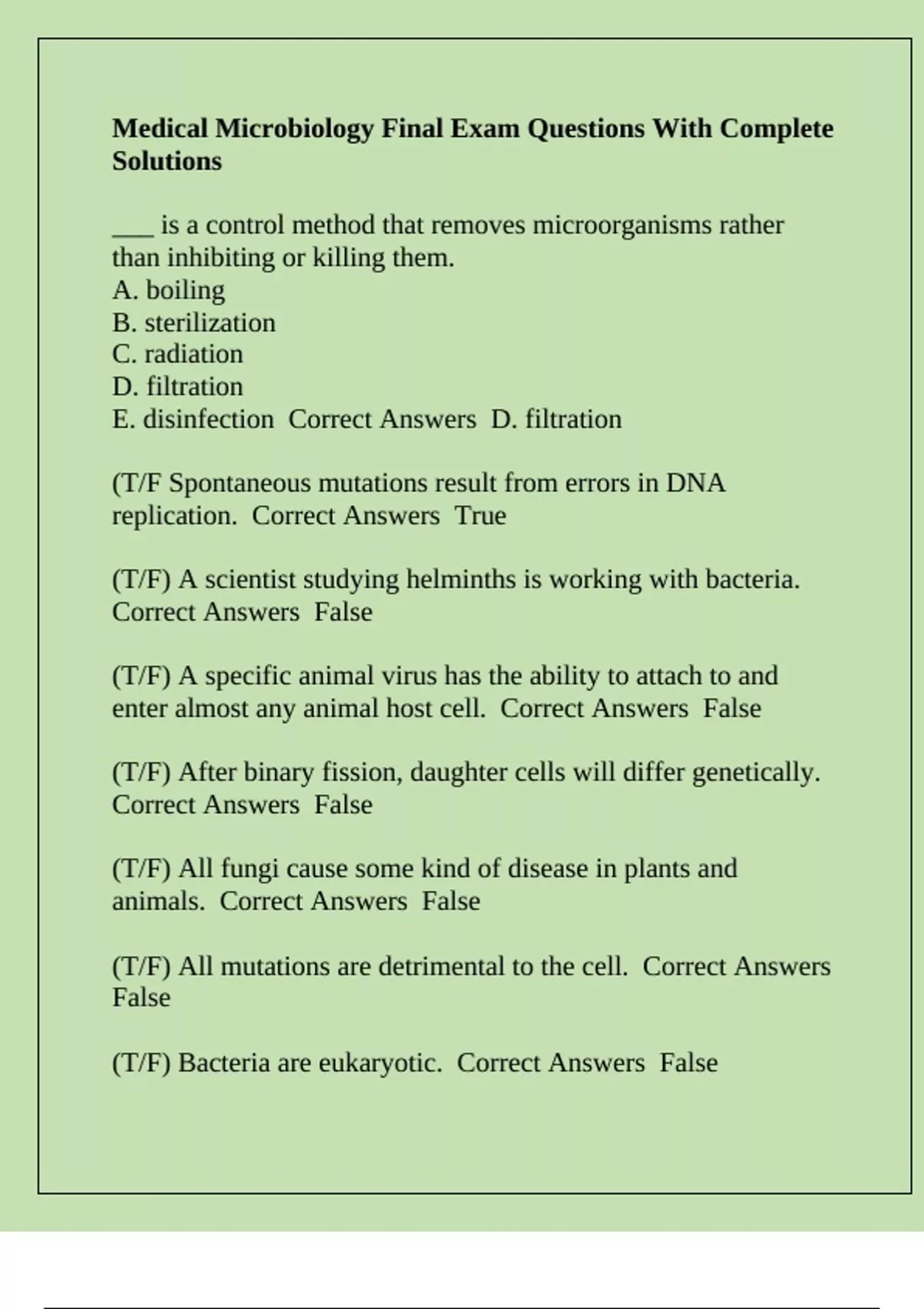 Medical Microbiology Final Exam Questions With Complete Solutions ...