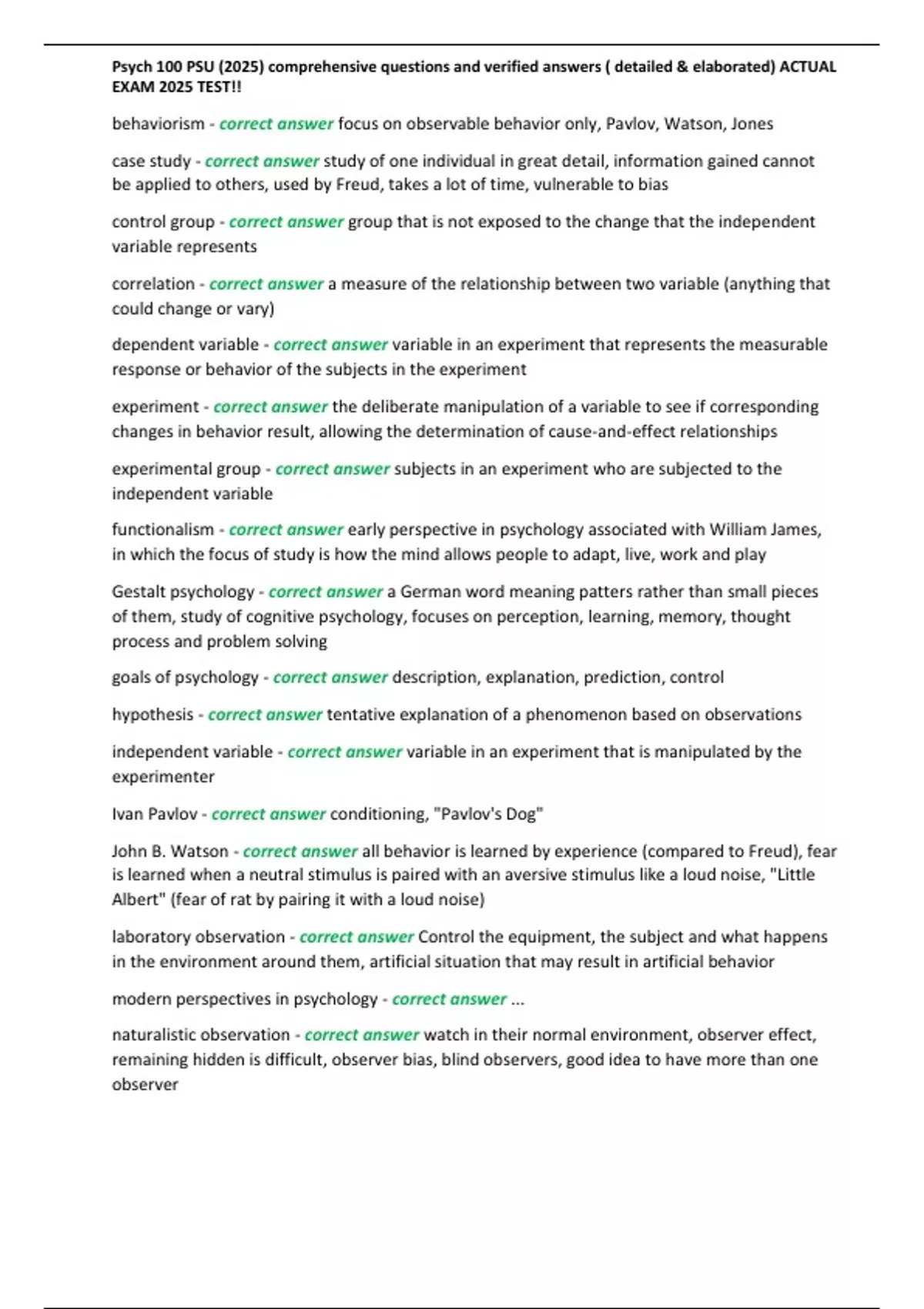 Psych 100 PSU (2025) comprehensive questions and verified answers ...