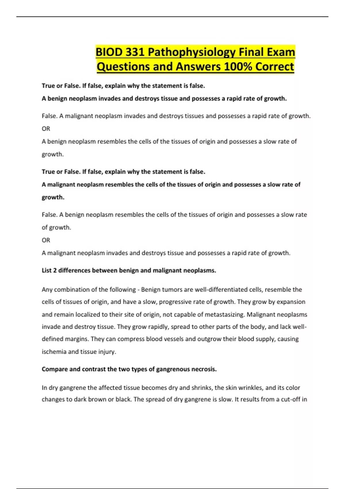 BIOD 331 Pathophysiology Final Exam Questions and Answers 100% Correct ...