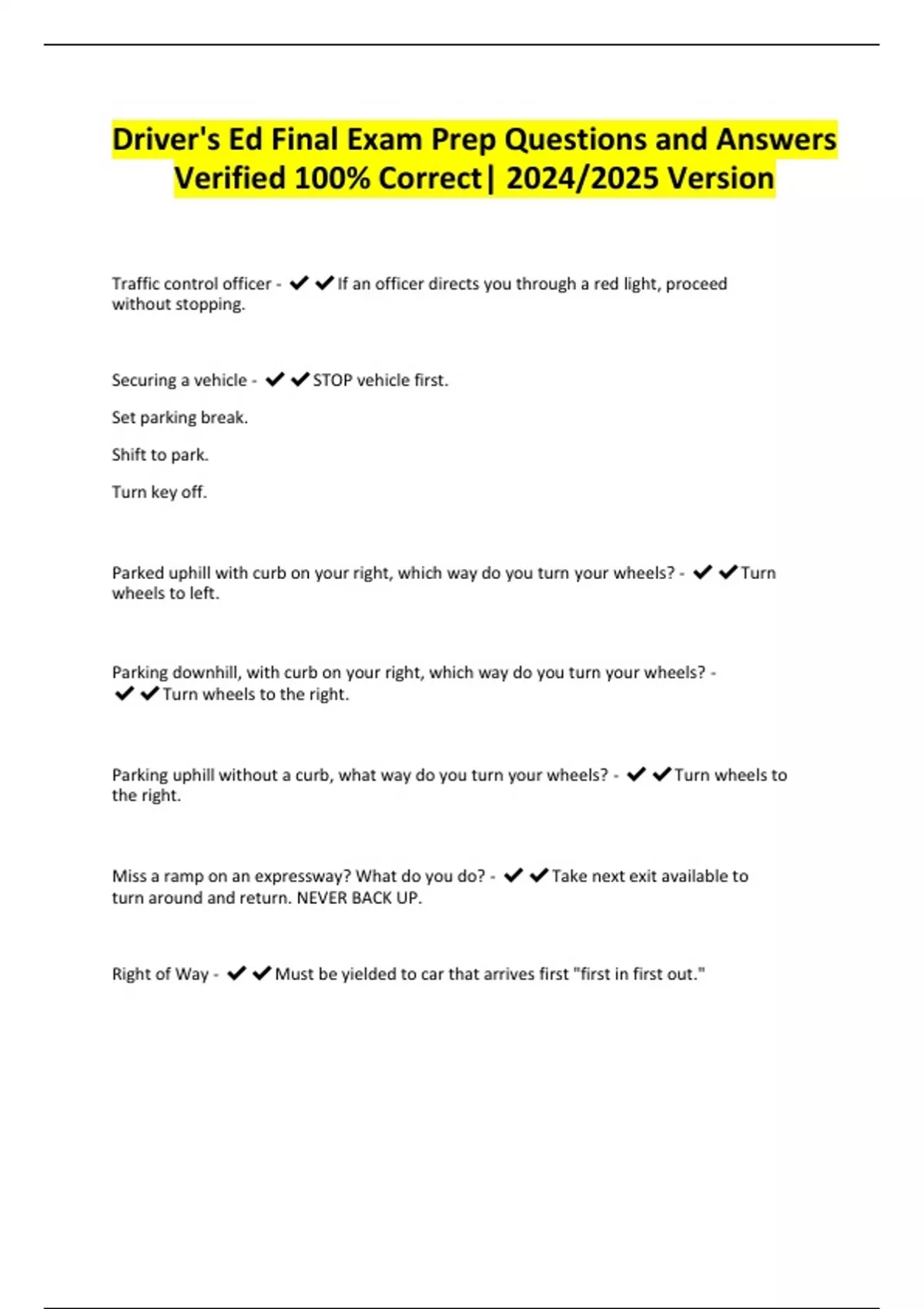 Driver's Ed Final Exam Prep Questions and Answers Verified 100% Correct ...