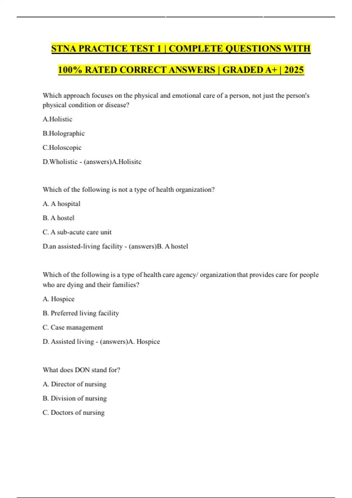 STNA PRACTICE TEST 1 | COMPLETE QUESTIONS WITH 100% RATED CORRECT ...