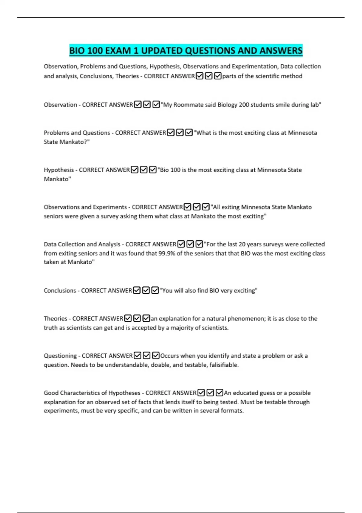 BIO 100 EXAM 1 UPDATED QUESTIONS AND ANSWERS - BIO100 - Stuvia US